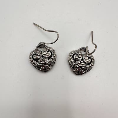 Vintage 90s Silver Tone Filigree Puffy Heart Dangle Hook Earrings Boho Fashion - Thumbnail 3