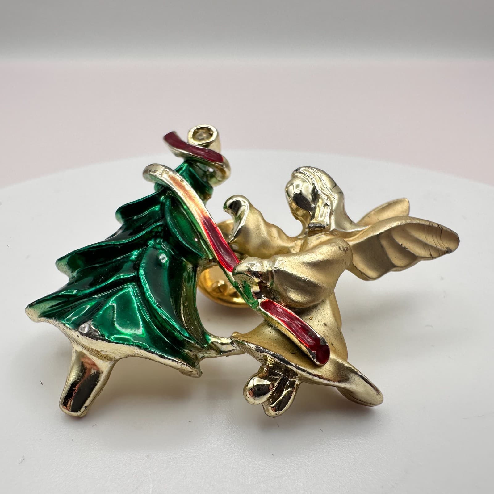 Vintage 90s Giusti Angel Christmas Tree Pin Brooch Gold Tone Enamel Jewelry - Thumbnail 5