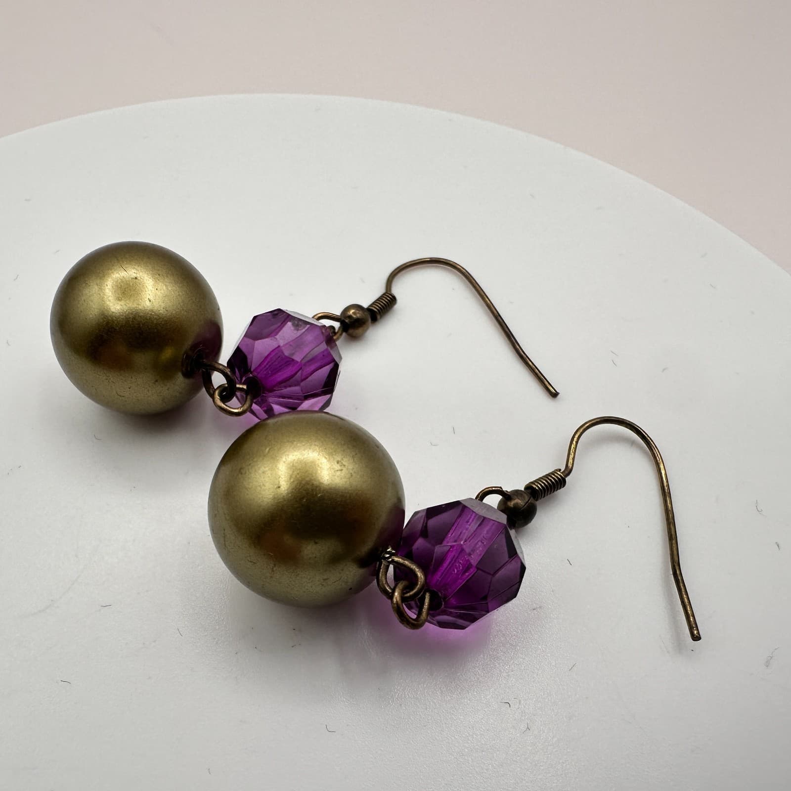 Vintage Y2K Purple Glass & Gold Tone Beaded Dangle Earrings Retro Boho Jewelry - Thumbnail 5