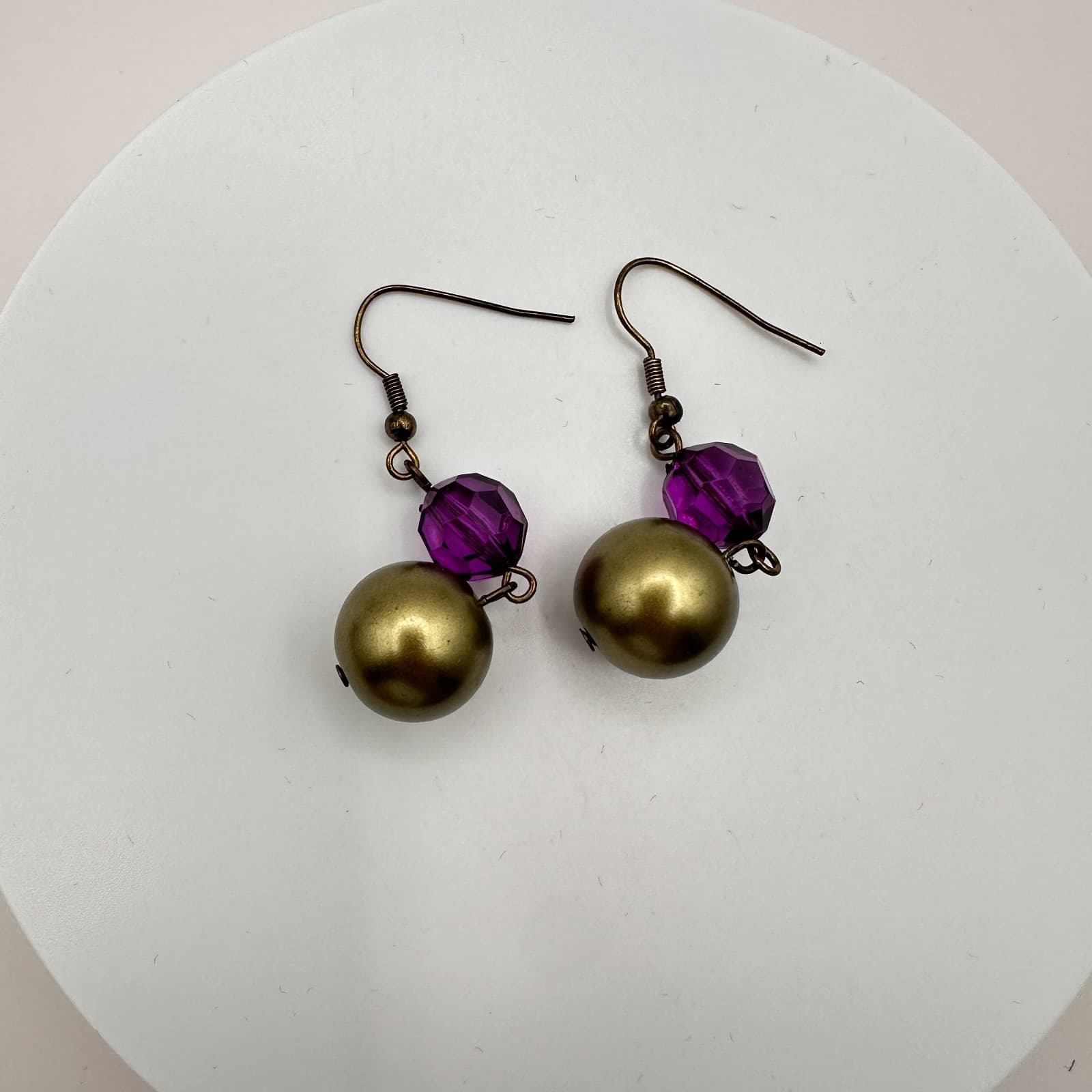 Vintage Y2K Purple Glass & Gold Tone Beaded Dangle Earrings Retro Boho Jewelry - Thumbnail 3