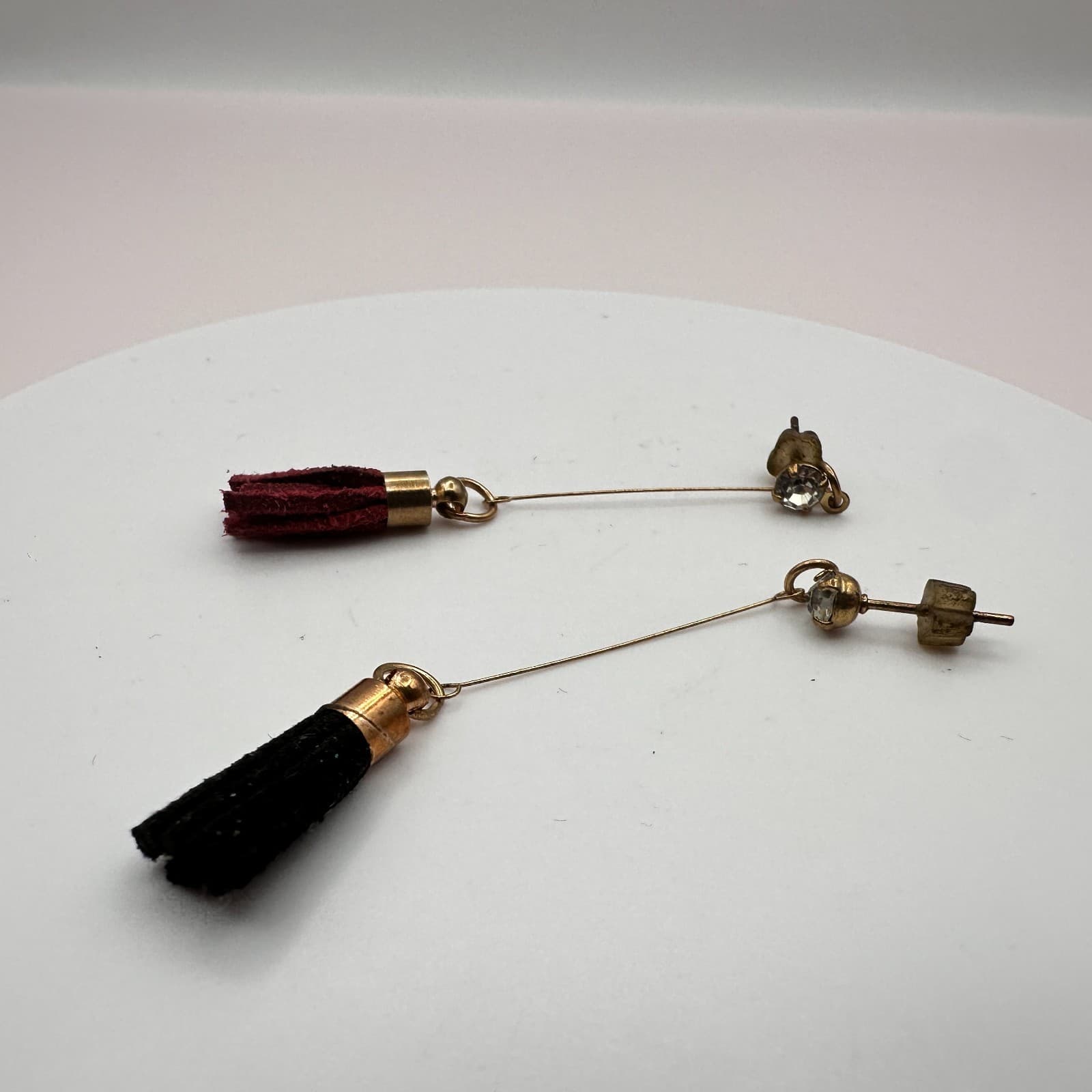 Vintage Y2K Gold Tone Clear Rhinestone Suede Tassel Dangle Earrings Boho Jewelry - Thumbnail 5
