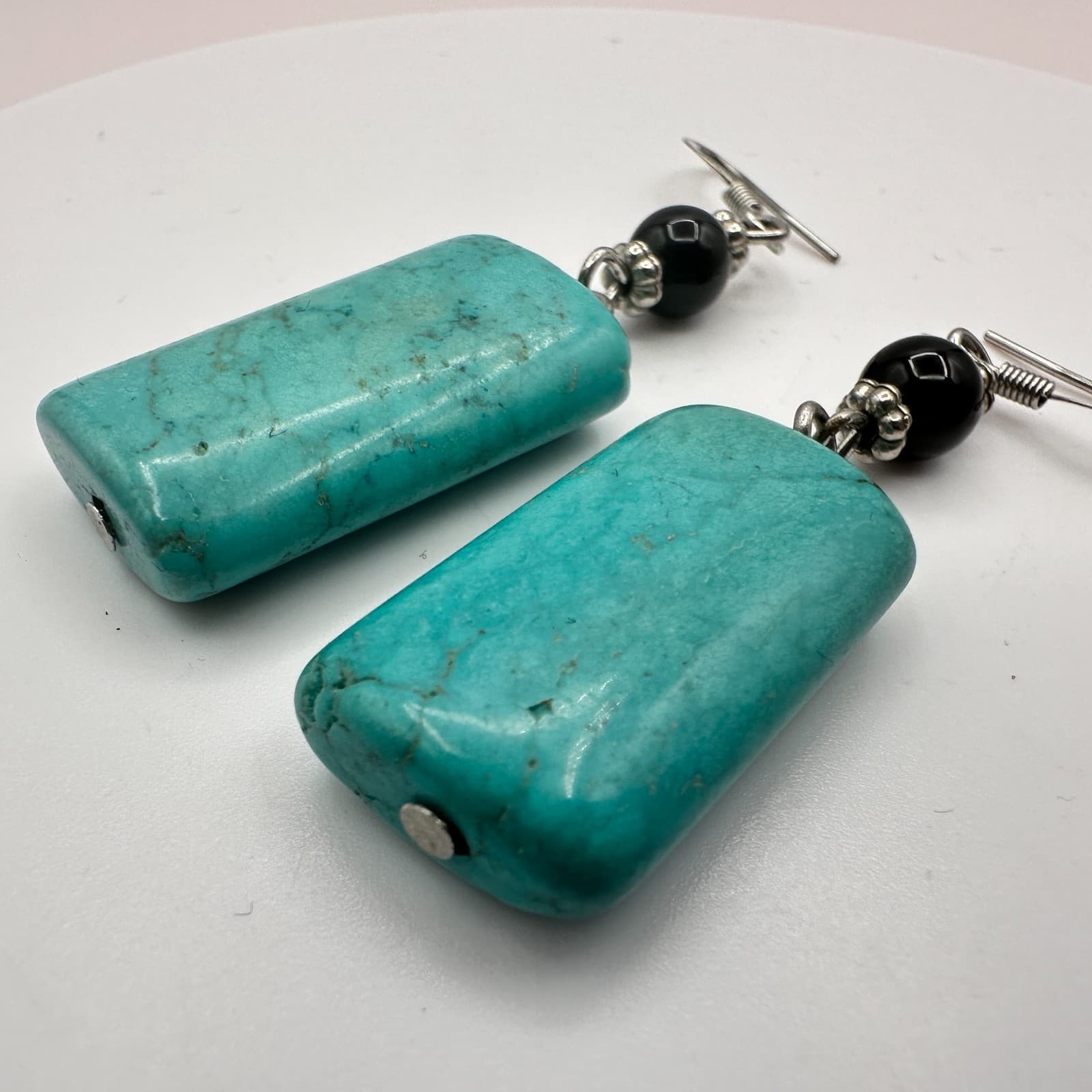 Vintage 90s Silver Tone Black Onyx & Howlite Beaded Rectangle Dangle Earrings - Thumbnail 6
