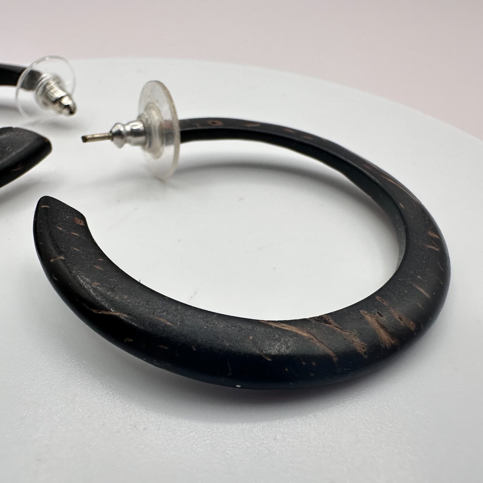Vintage 90s Brown Natural Wood Coconut Shell Hoop Earrings Boho Fashion Jewelry - Thumbnail 5