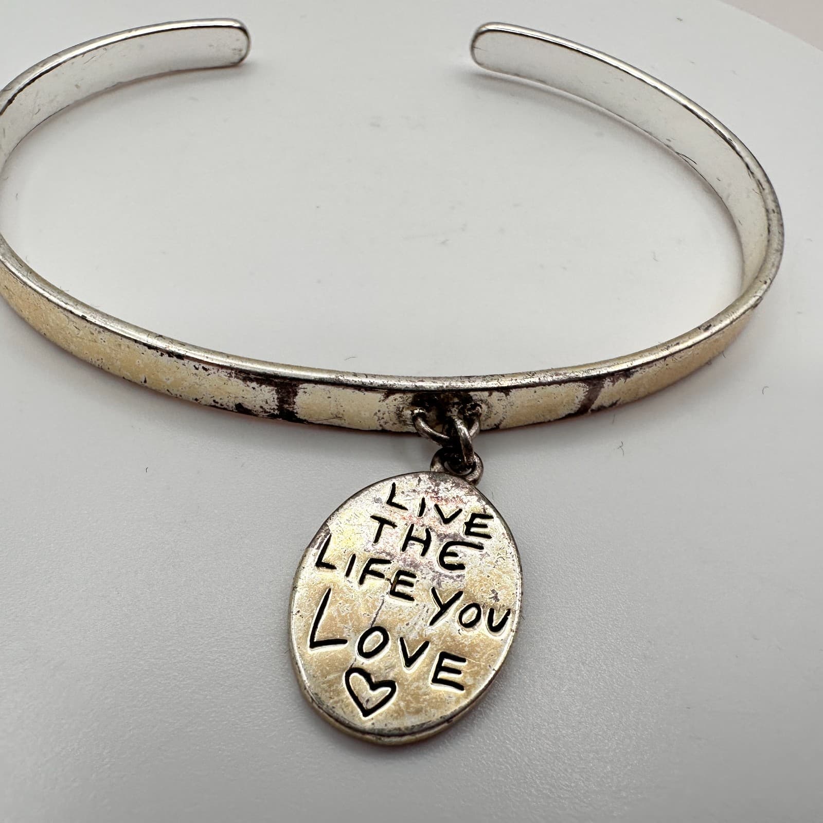 Vintage 90s Silver Tone Hand Bracelet Live The Life You Love Heart Charm Jewelry - Thumbnail 3