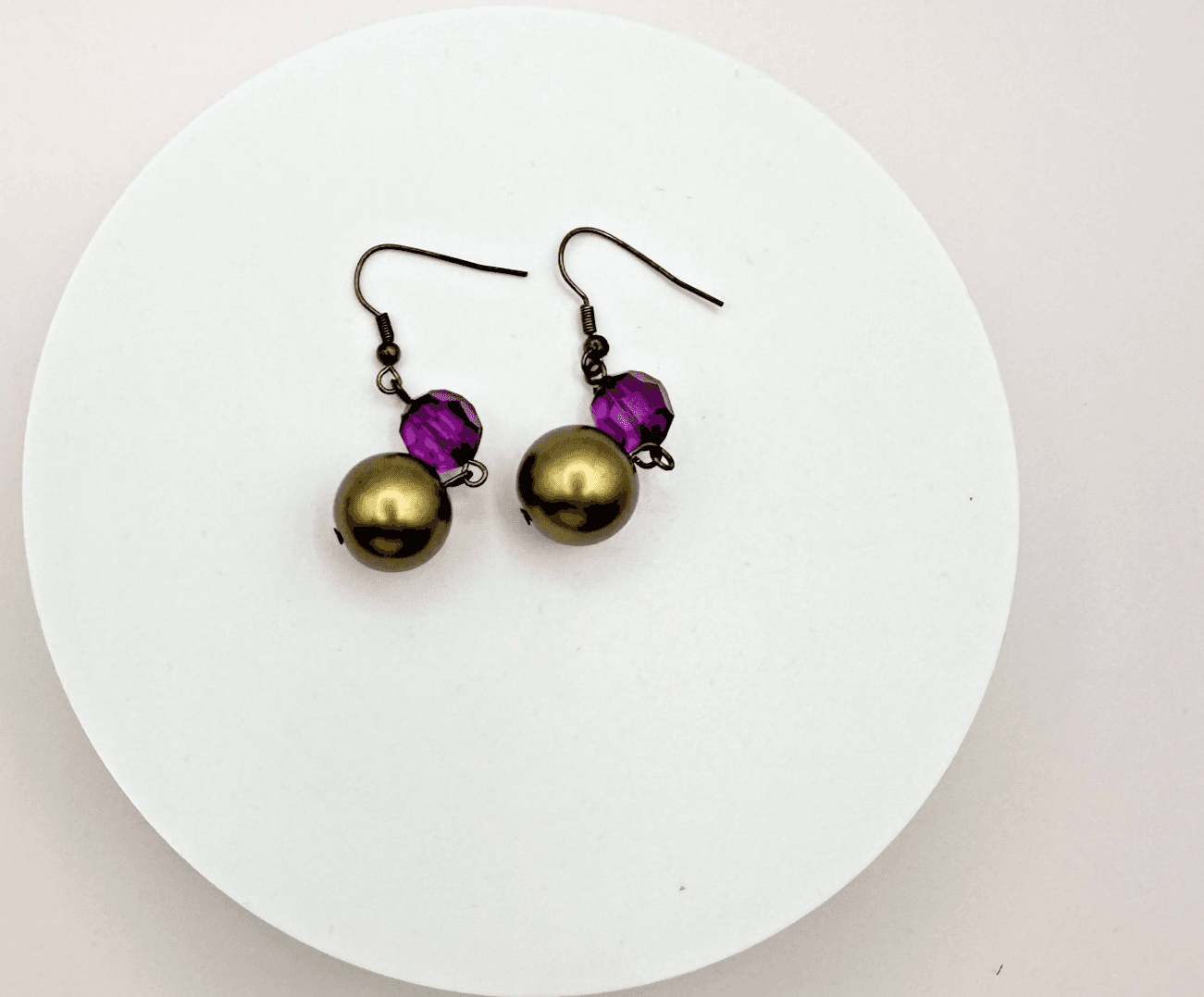 Vintage Y2K Purple Glass & Gold Tone Beaded Dangle Earrings Retro Boho Jewelry - Thumbnail 2