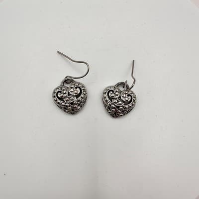 Vintage 90s Silver Tone Filigree Puffy Heart Dangle Hook Earrings Boho Fashion - Thumbnail 2
