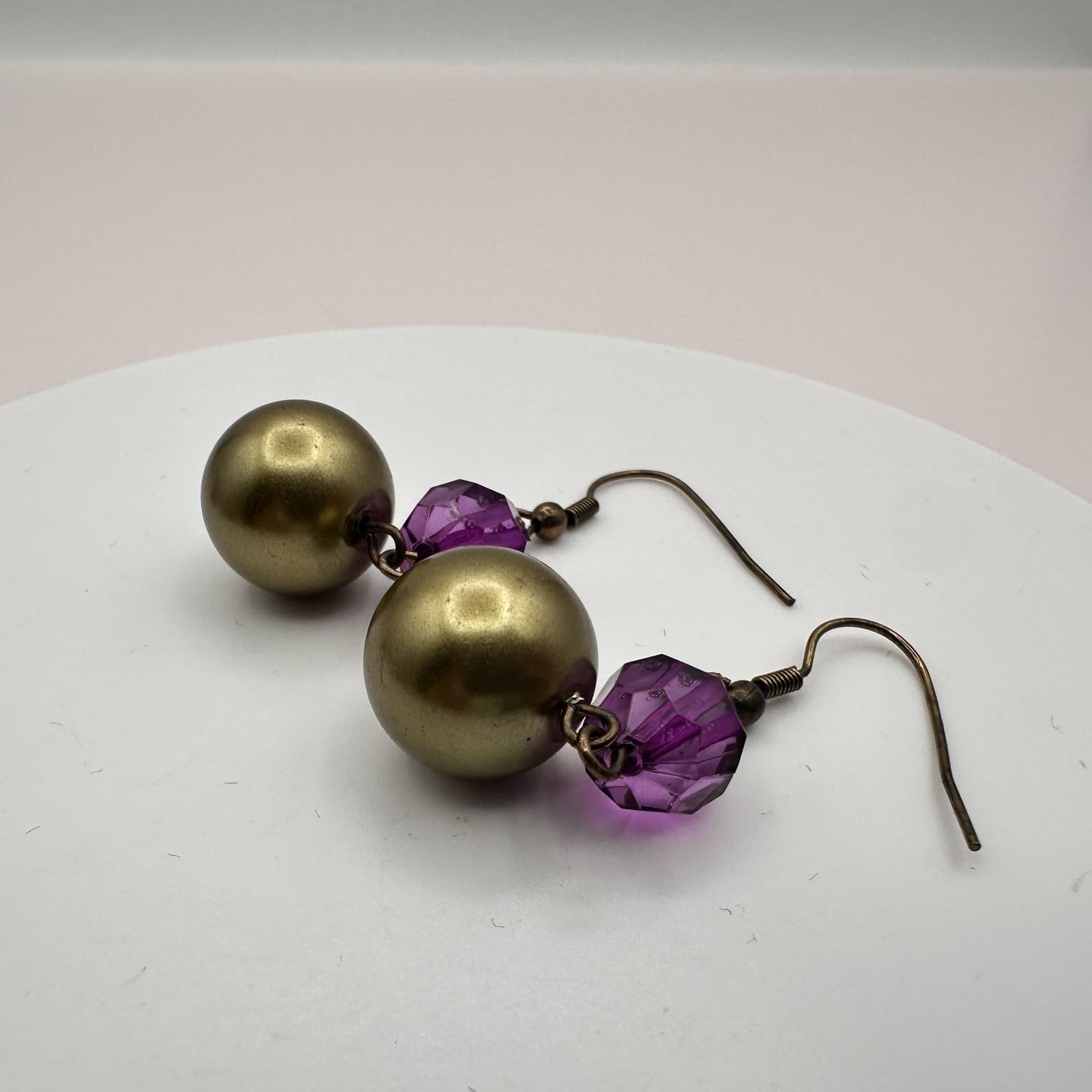 Vintage Y2K Purple Glass & Gold Tone Beaded Dangle Earrings Retro Boho Jewelry - Thumbnail 4