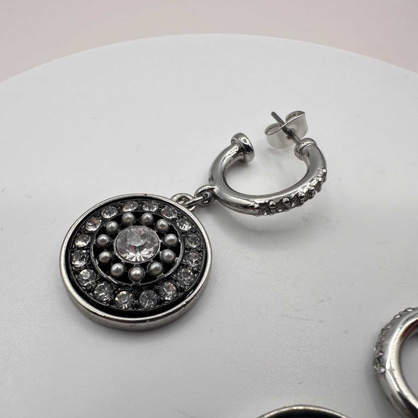Vintage 90s Silver Tone Glass Dangle Hoop Earrings Boho Round Sunburst Jewelry - Thumbnail 5
