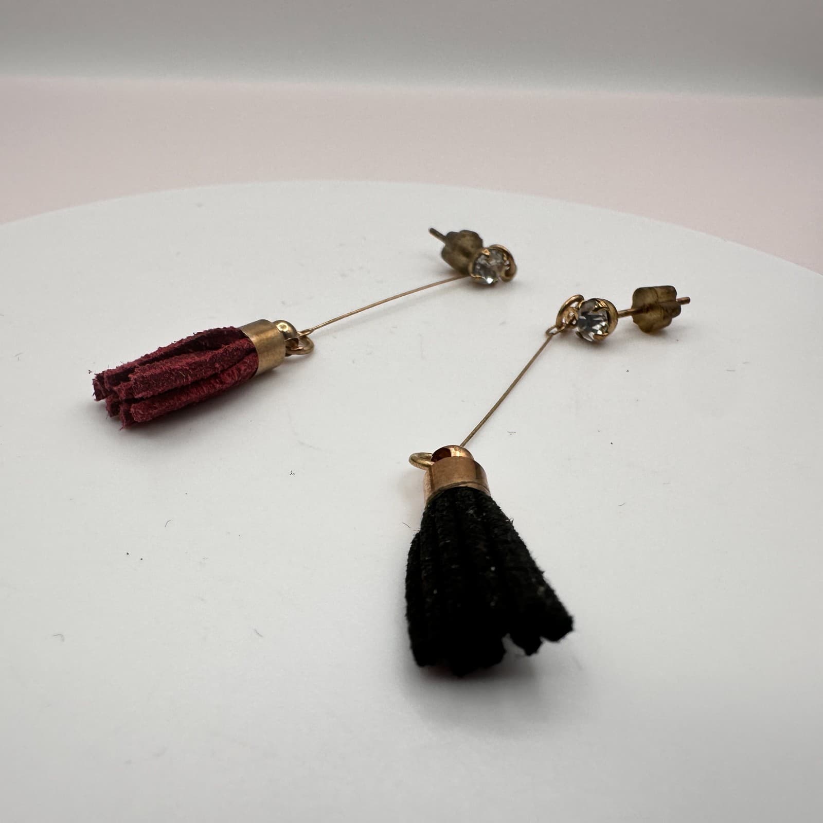 Vintage Y2K Gold Tone Clear Rhinestone Suede Tassel Dangle Earrings Boho Jewelry - Thumbnail 3