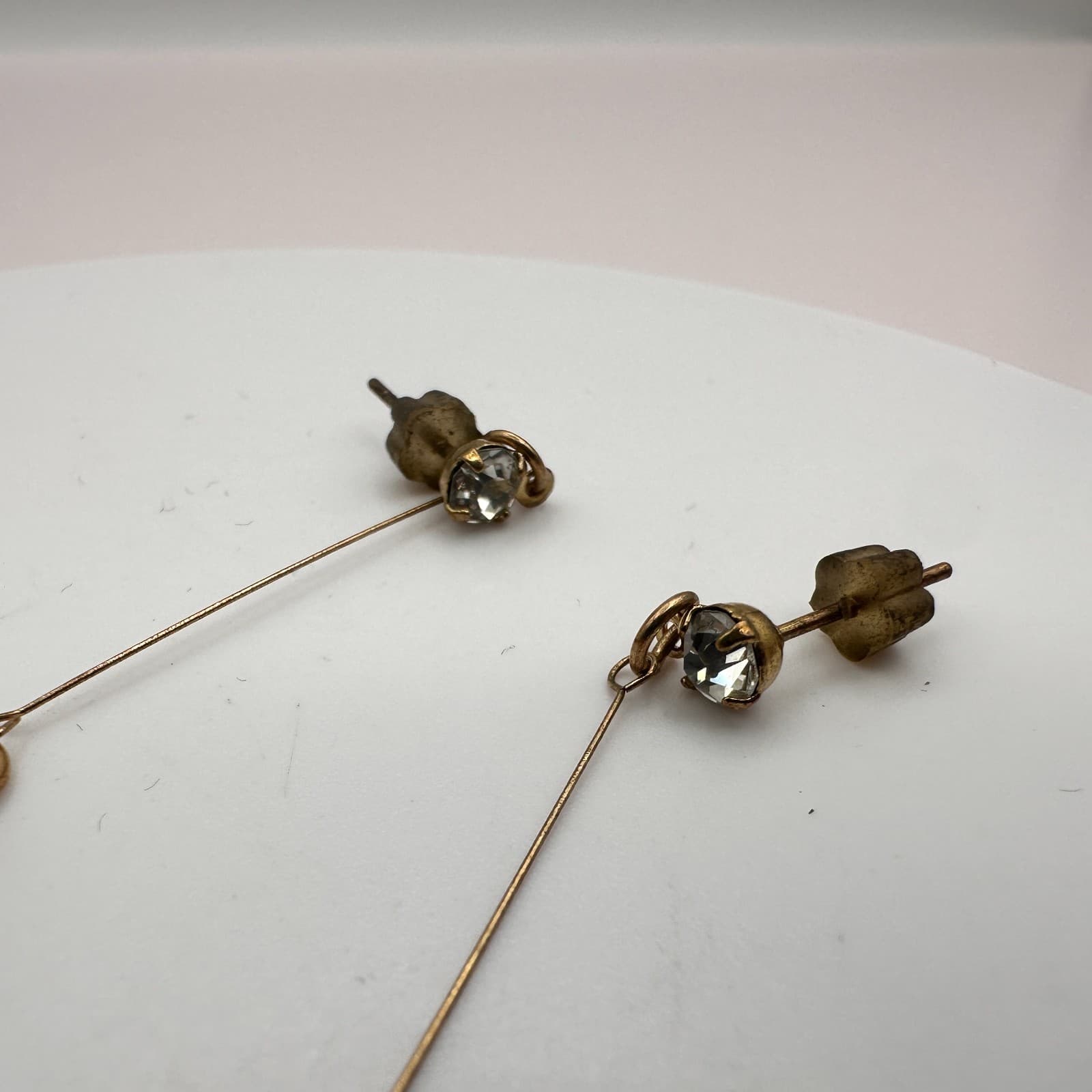 Vintage Y2K Gold Tone Clear Rhinestone Suede Tassel Dangle Earrings Boho Jewelry - Thumbnail 4