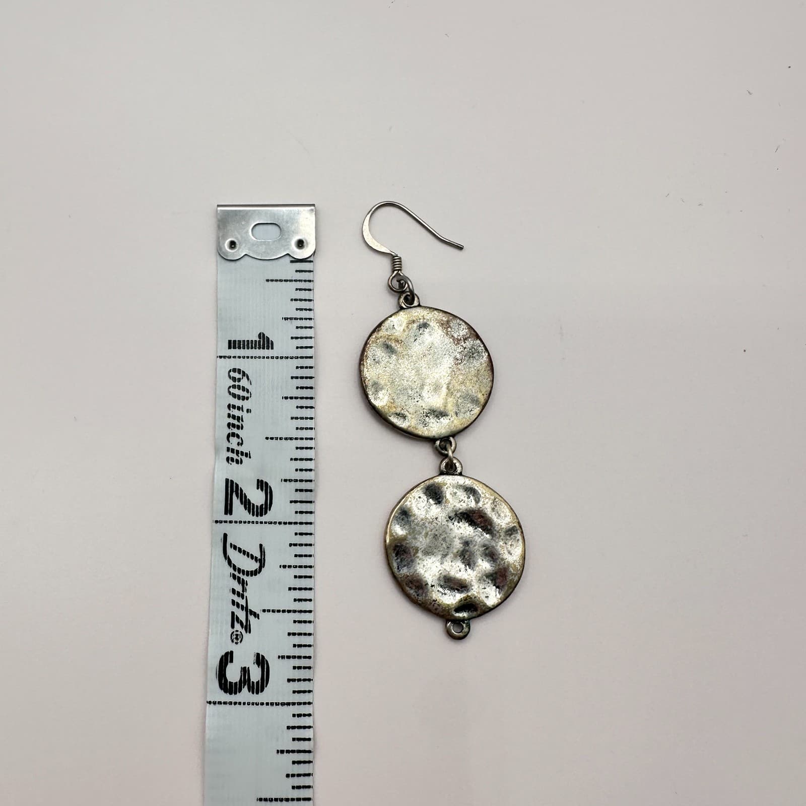 Vintage 90s Silver Tone Hammered Double Disc Dangle Earrings Textured Jewelry - Thumbnail 7