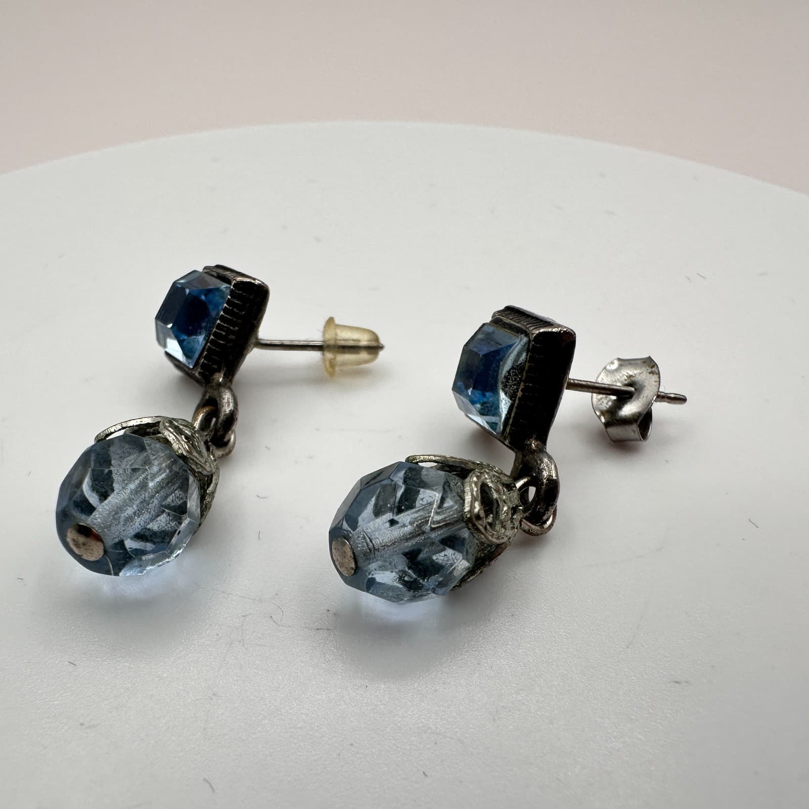 Vintage 90s Blue Glass Dangle Earrings Silver Tone Teardrop Fashion Jewelry - Thumbnail 6