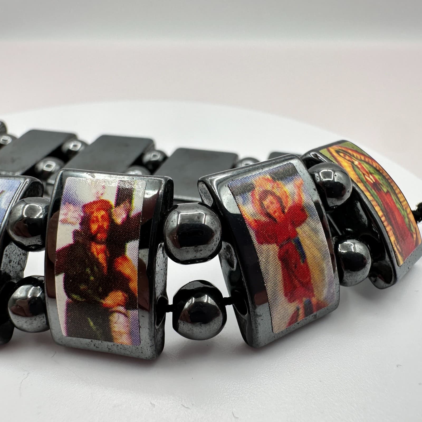 Vintage Y2K Catholic Saints Hematite Religious Icons Beaded Stretch Bracelet - Thumbnail 4
