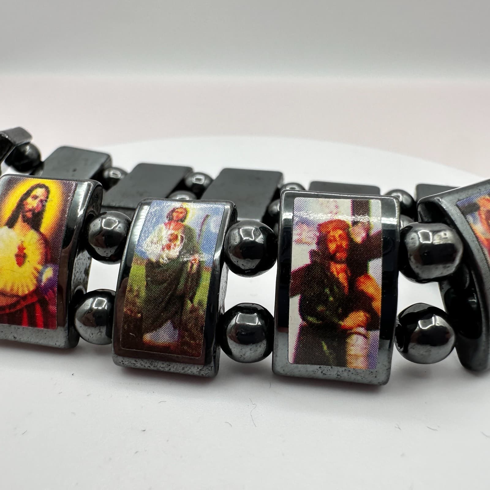 Vintage Y2K Catholic Saints Hematite Religious Icons Beaded Stretch Bracelet - Thumbnail 3