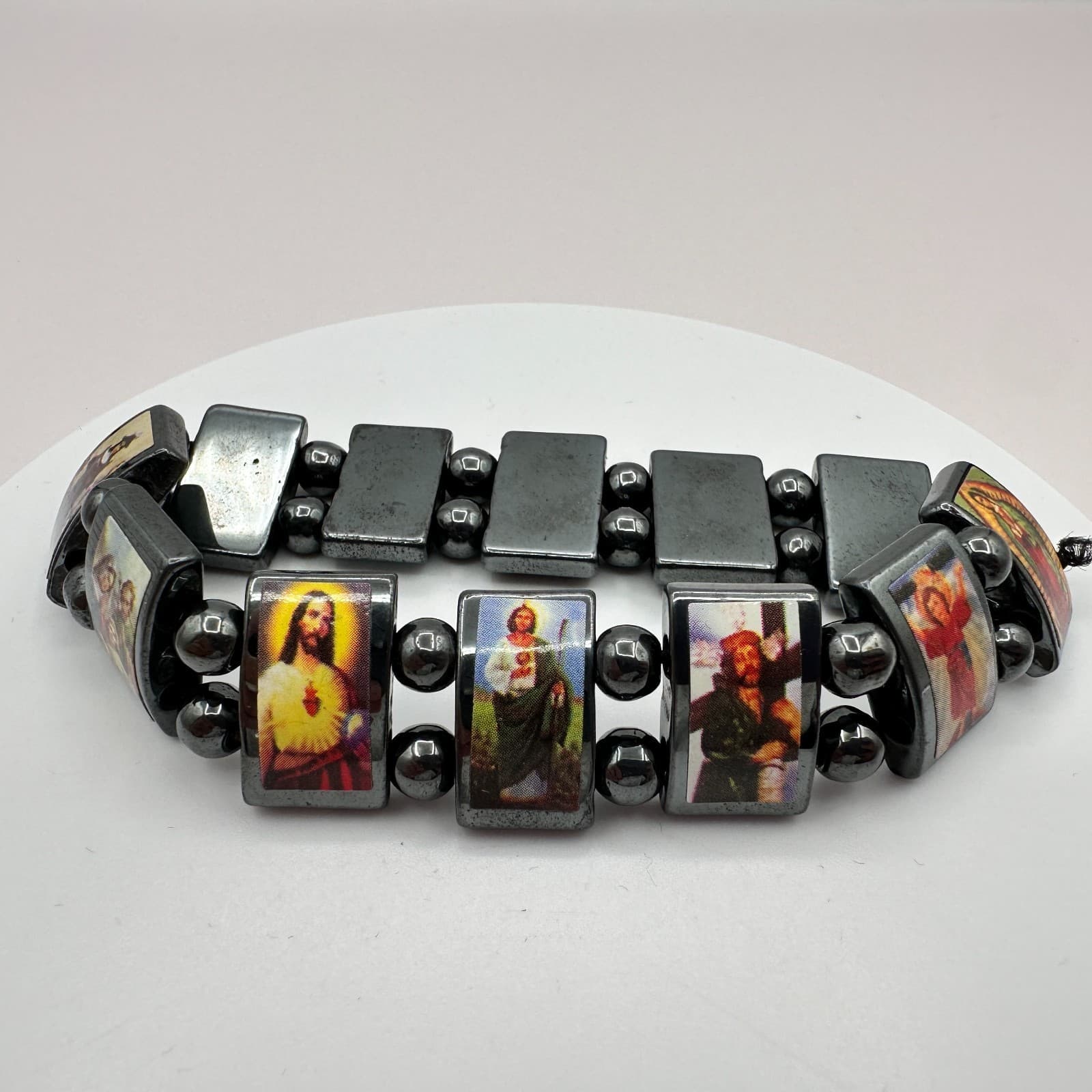 Vintage Y2K Catholic Saints Hematite Religious Icons Beaded Stretch Bracelet - Thumbnail 2