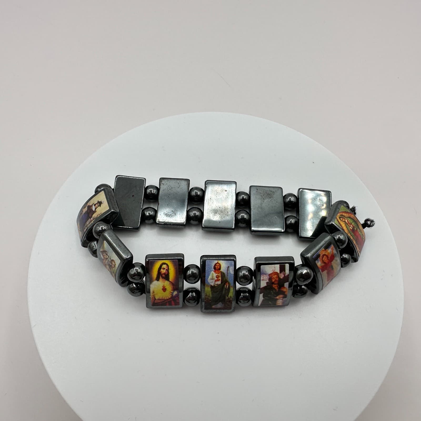 Vintage Y2K Catholic Saints Hematite Religious Icons Beaded Stretch Bracelet - Thumbnail 5