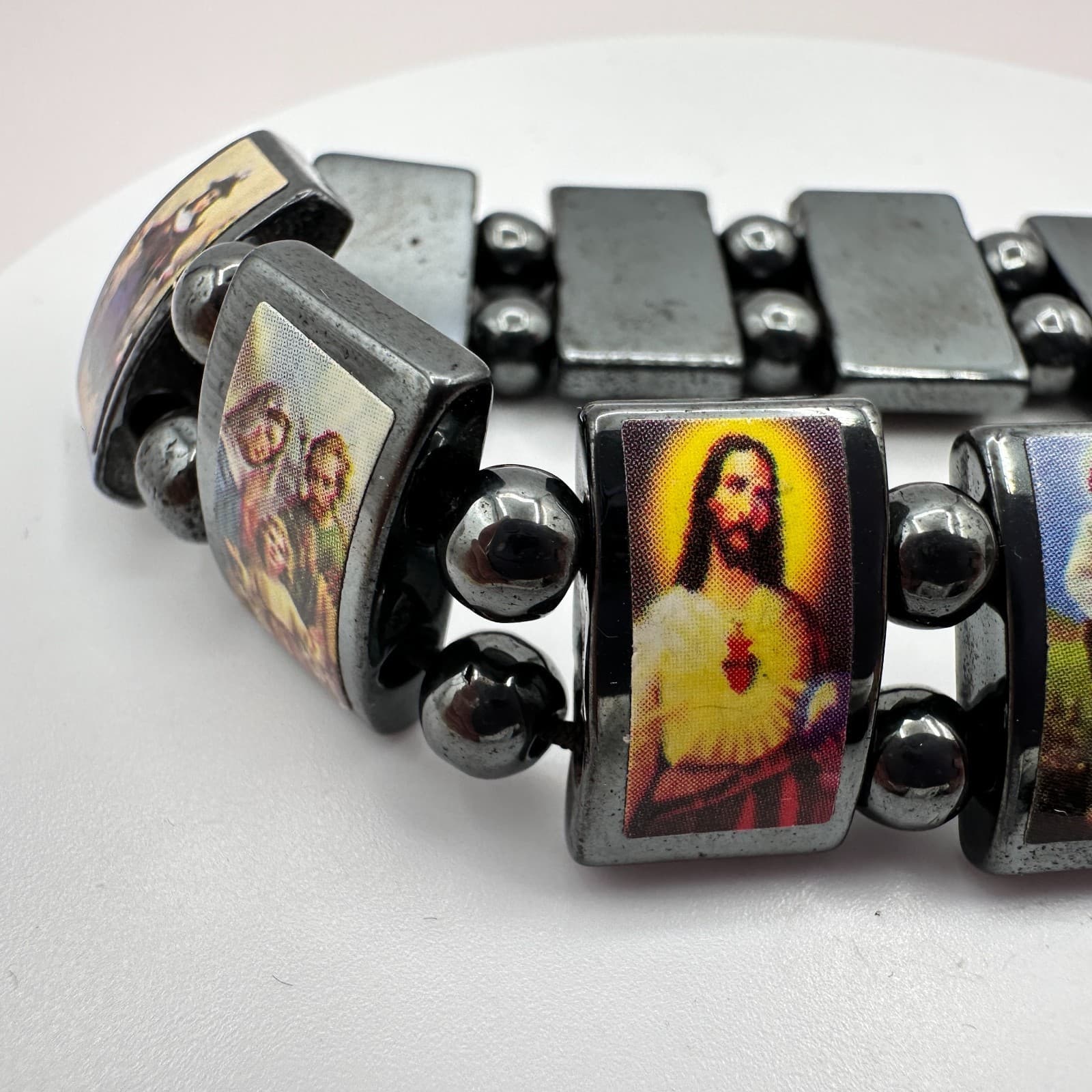 Vintage Y2K Catholic Saints Hematite Religious Icons Beaded Stretch Bracelet - Thumbnail 6