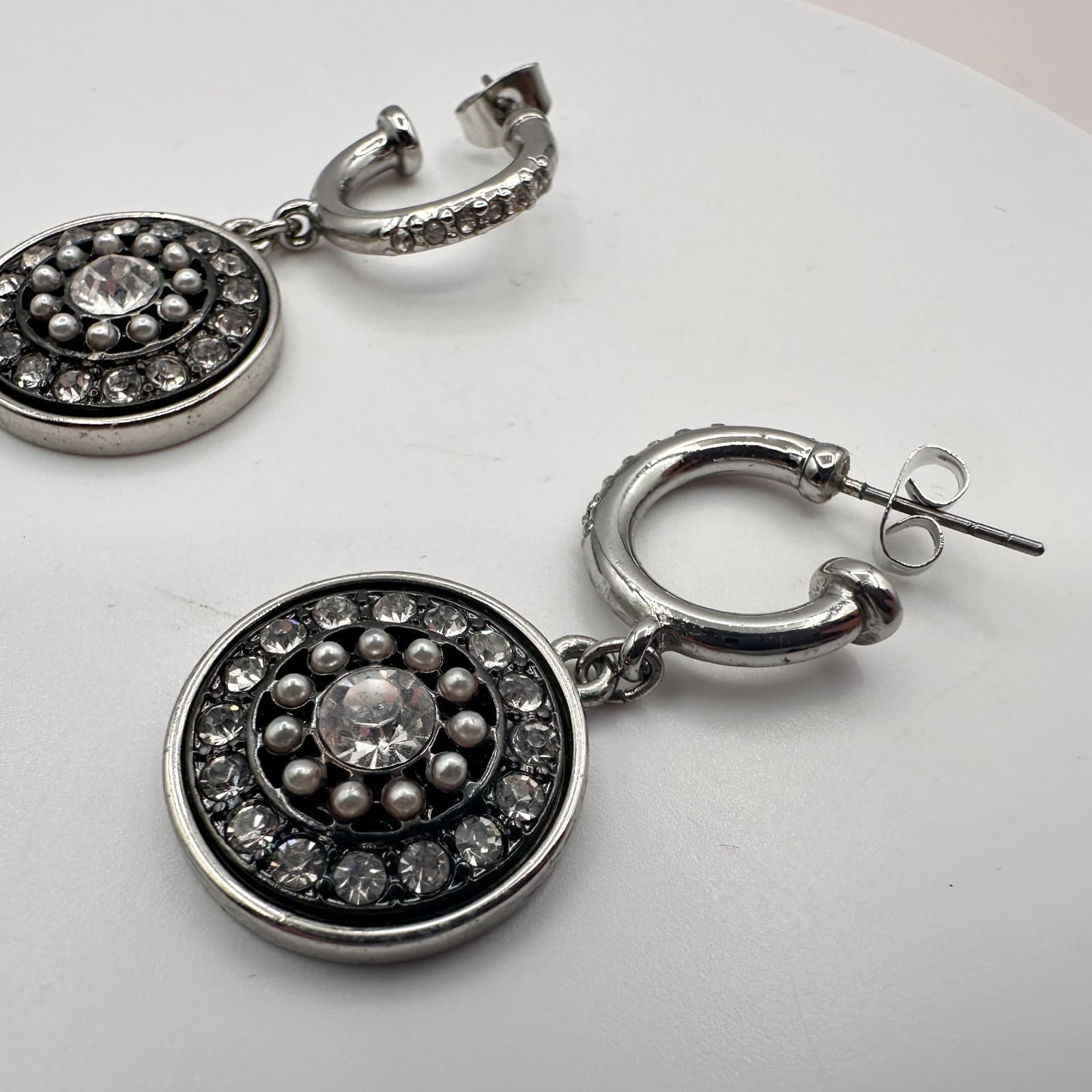Vintage 90s Silver Tone Glass Dangle Hoop Earrings Boho Round Sunburst Jewelry - Thumbnail 4