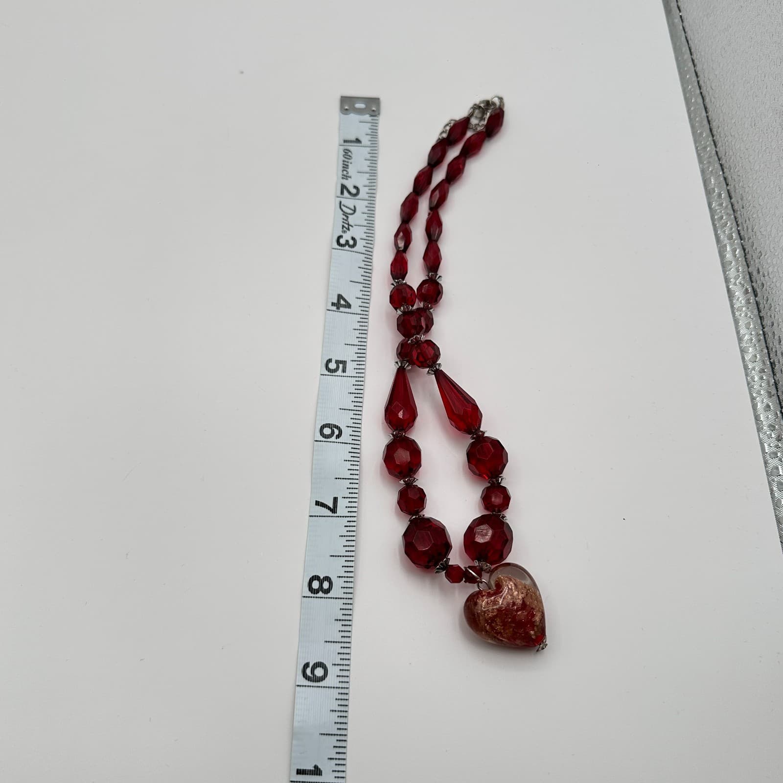 Vintage 90s Silver Tone Red Beaded Heart Pendant Necklace Womens Classic Jewelry - Thumbnail 10