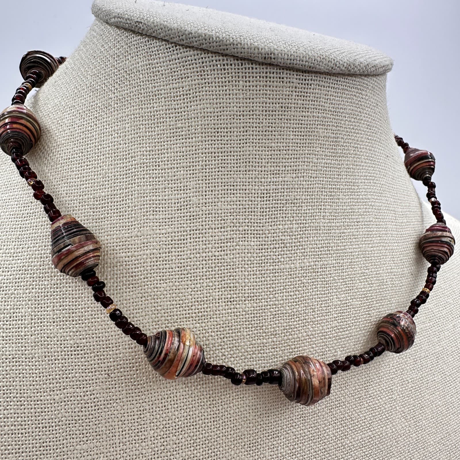 Vintage 90s Boho Recycled Rolled Paper Seed Beaded Necklace Statement Jewelry - Thumbnail 2