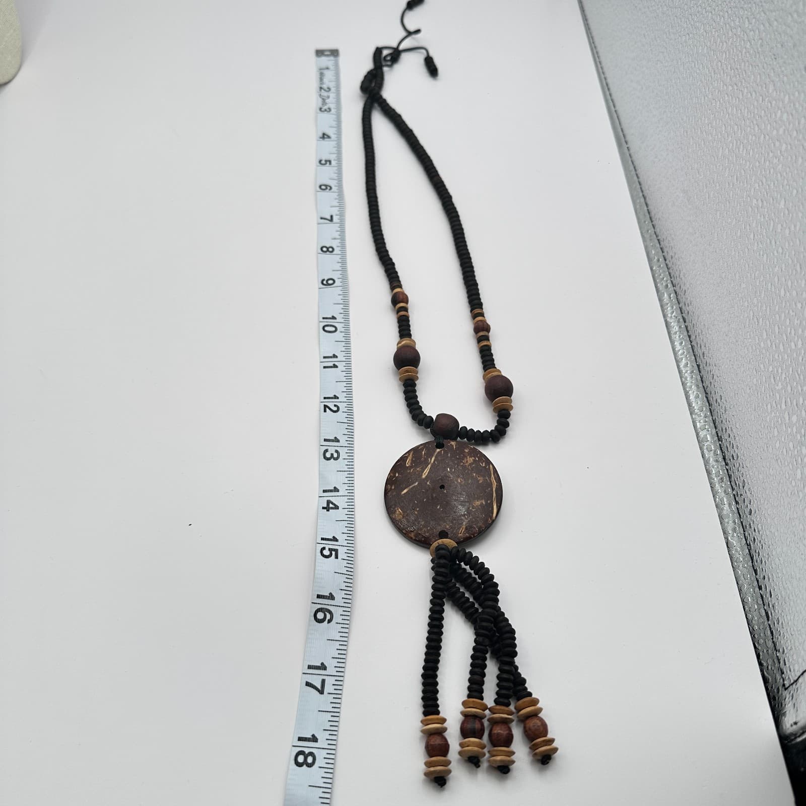 Vintage 90s Beaded Tassel Coconut Shell Pendant Necklace Women's Fashion Jewelry - Thumbnail 12
