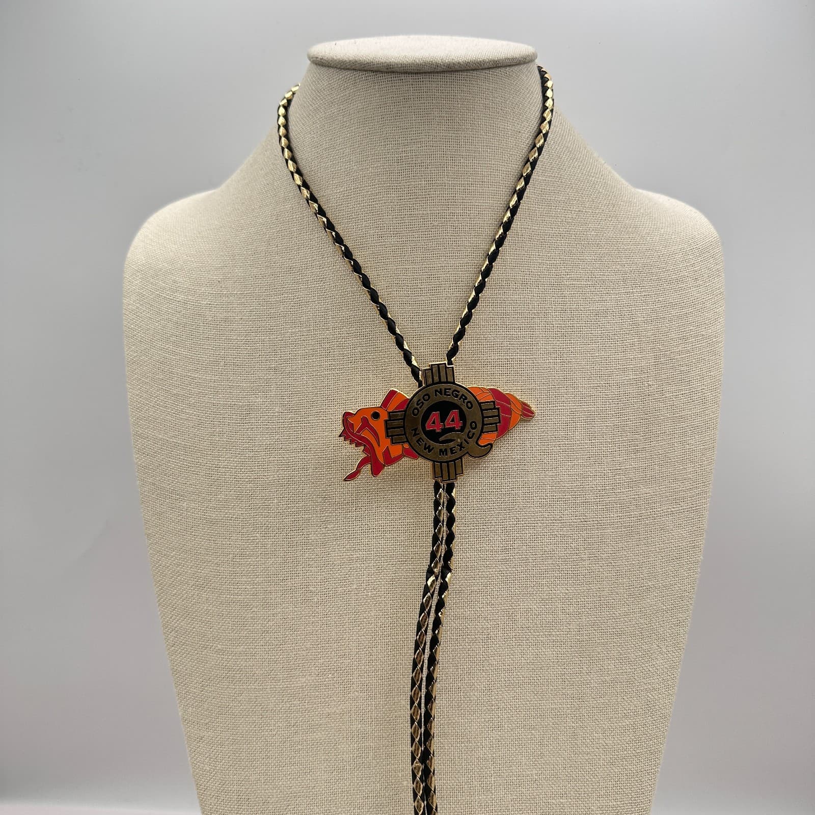 Vintage Y2K Oso Negro New Mexico 44 Zia Sun Bolo Tie Gold Tone Black Leather - Thumbnail 3