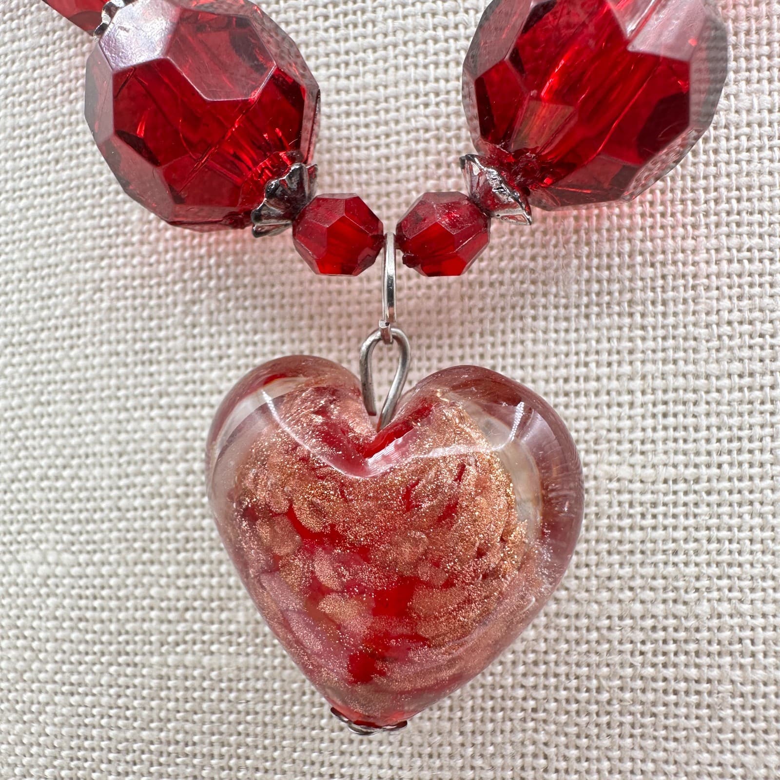 Vintage 90s Silver Tone Red Beaded Heart Pendant Necklace Womens Classic Jewelry - Thumbnail 7