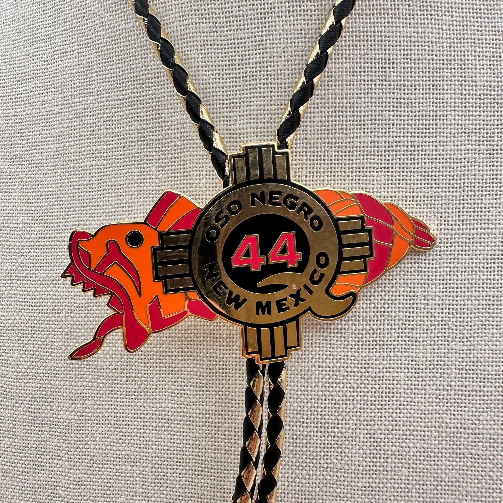 Vintage Y2K Oso Negro New Mexico 44 Zia Sun Bolo Tie Gold Tone Black Leather - Thumbnail 2