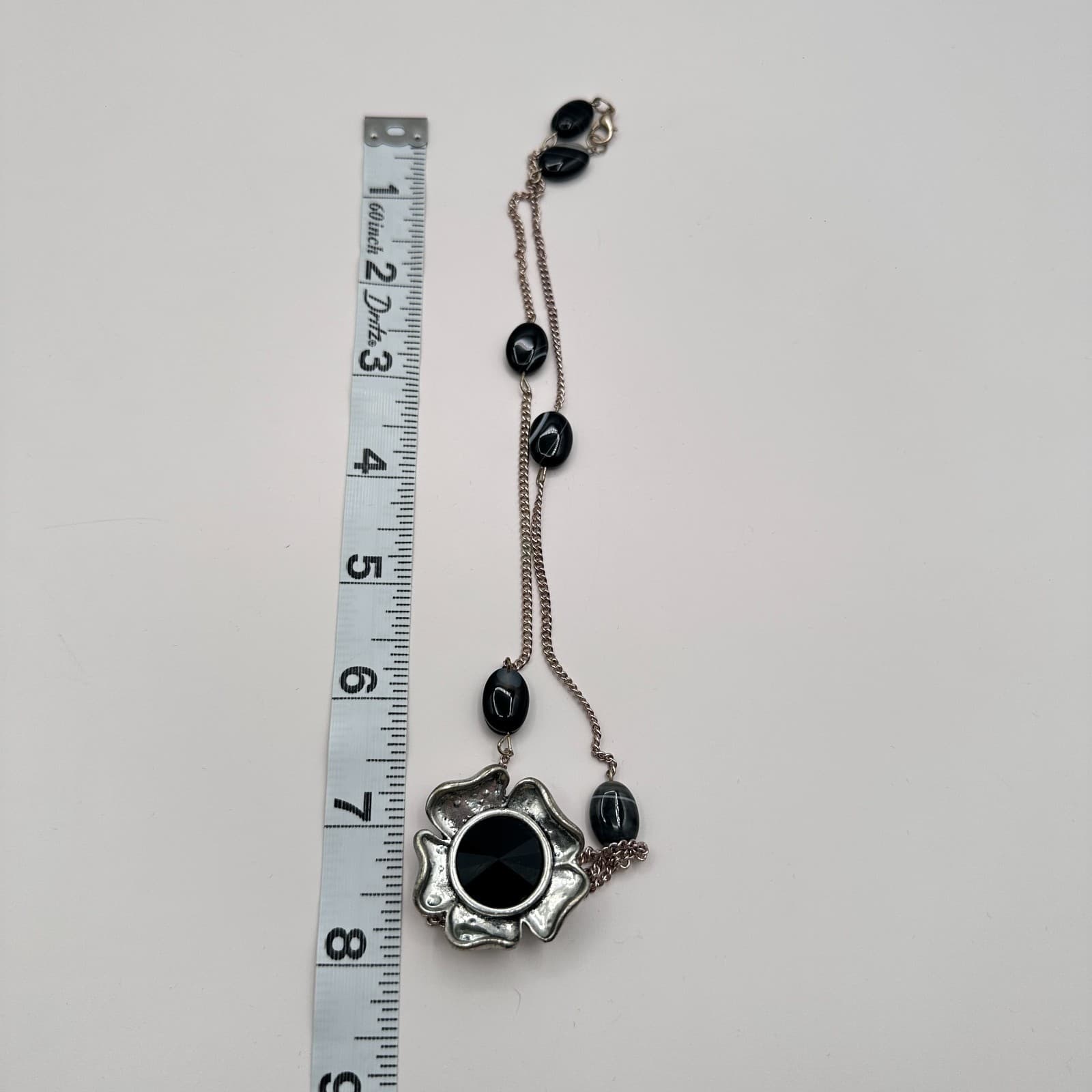 Vintage Y2K Silver Tone Chain Beaded Black Onyx Floral Pendant Necklace Jewelry - Thumbnail 7