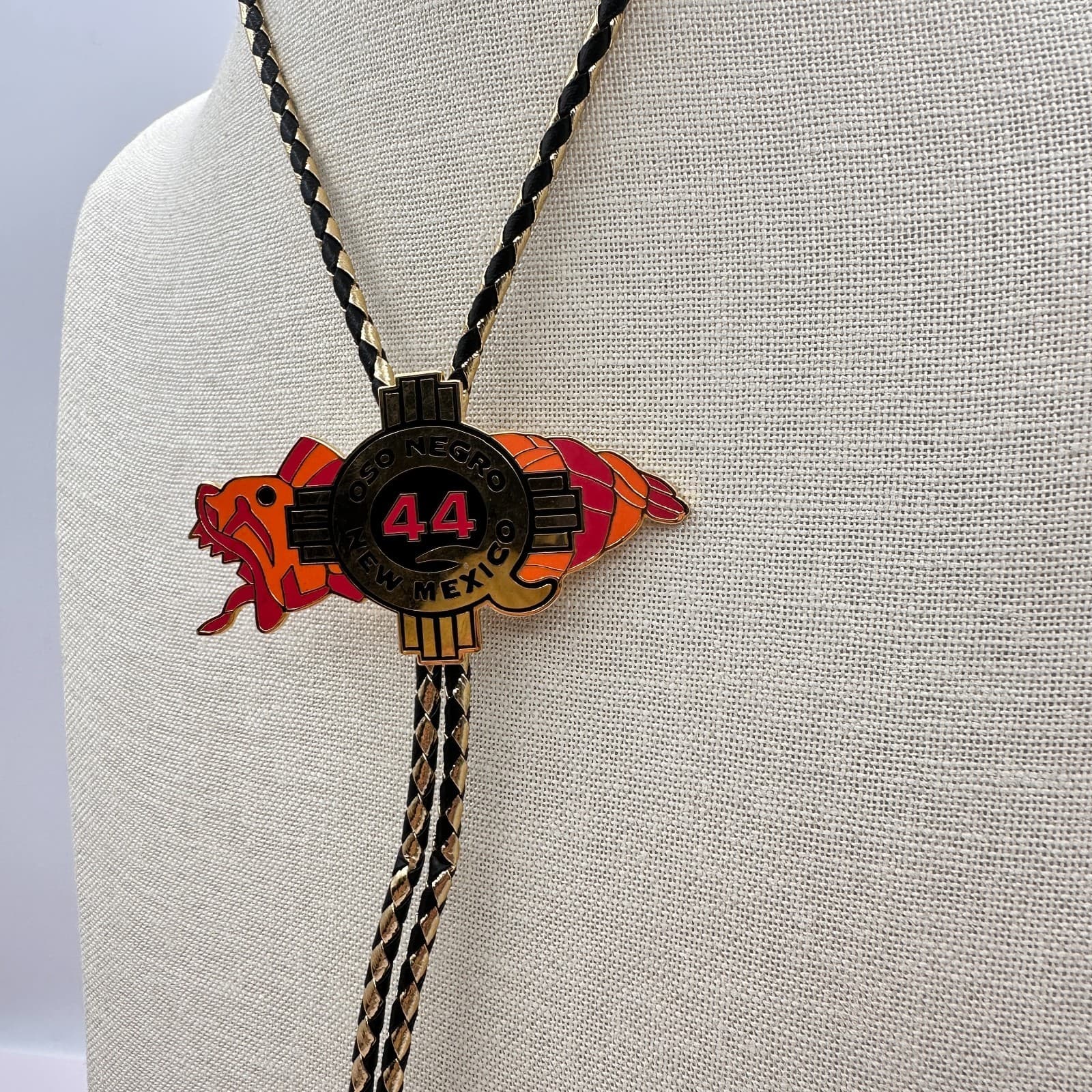 Vintage Y2K Oso Negro New Mexico 44 Zia Sun Bolo Tie Gold Tone Black Leather - Thumbnail 7