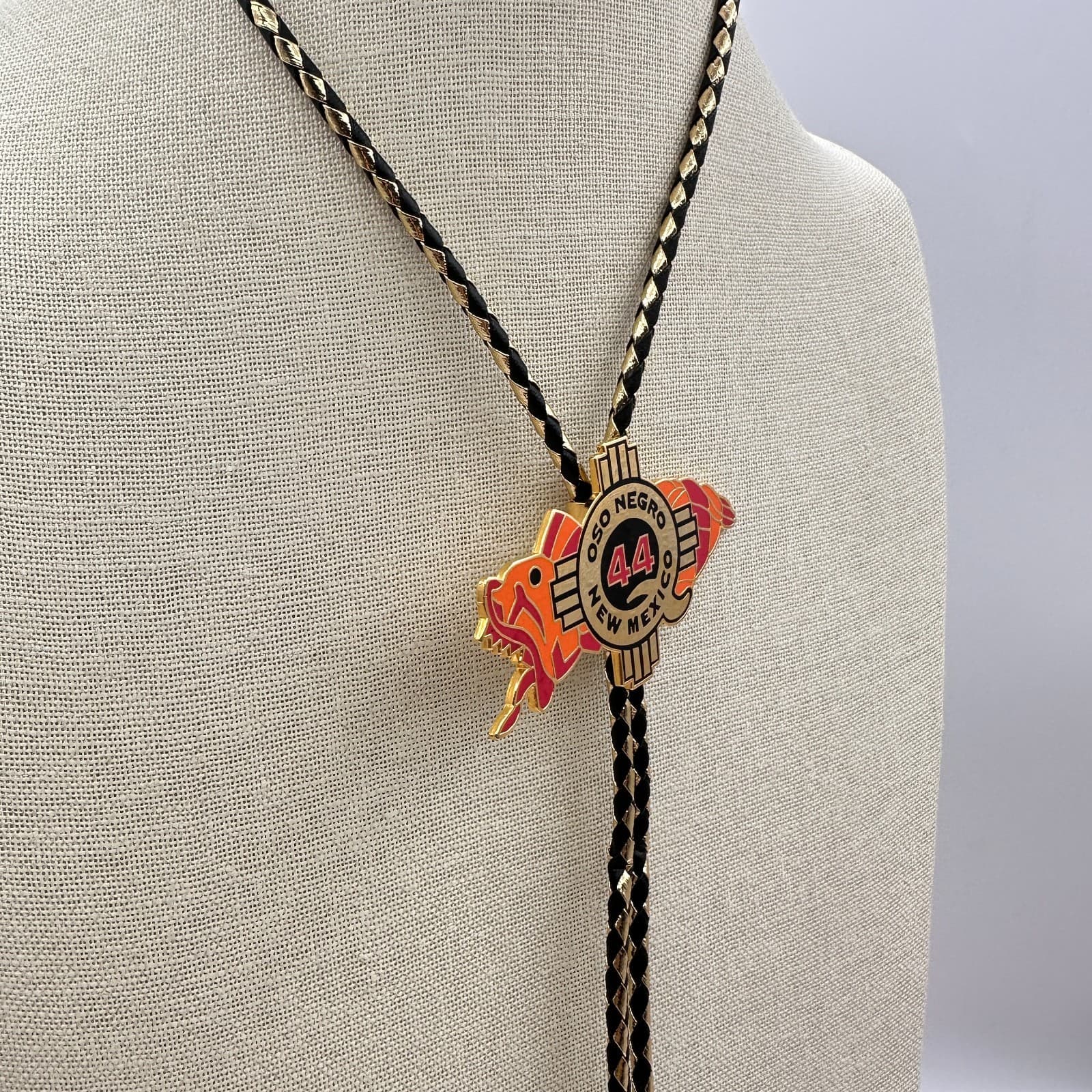 Vintage Y2K Oso Negro New Mexico 44 Zia Sun Bolo Tie Gold Tone Black Leather - Thumbnail 6