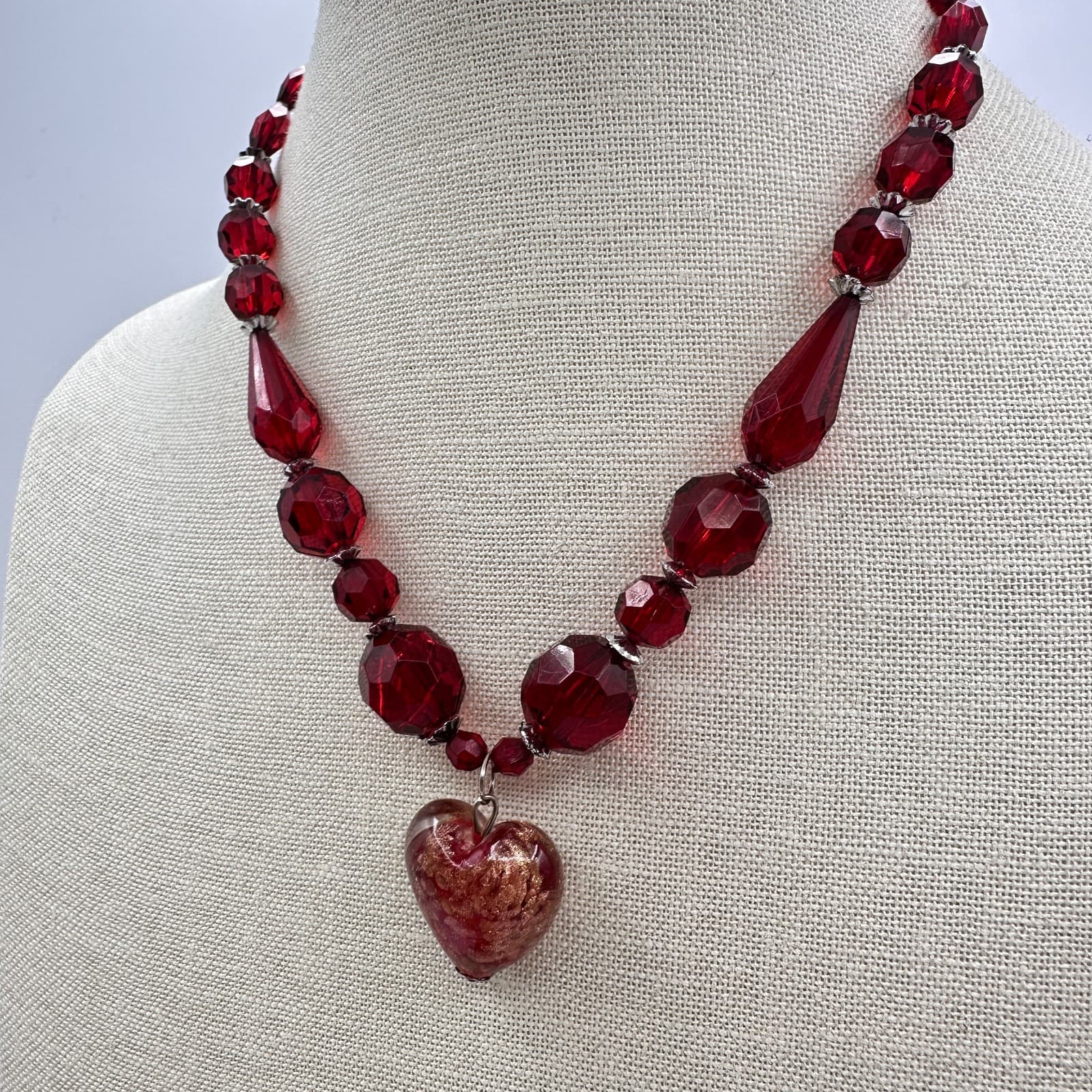 Vintage 90s Silver Tone Red Beaded Heart Pendant Necklace Womens Classic Jewelry - Thumbnail 6