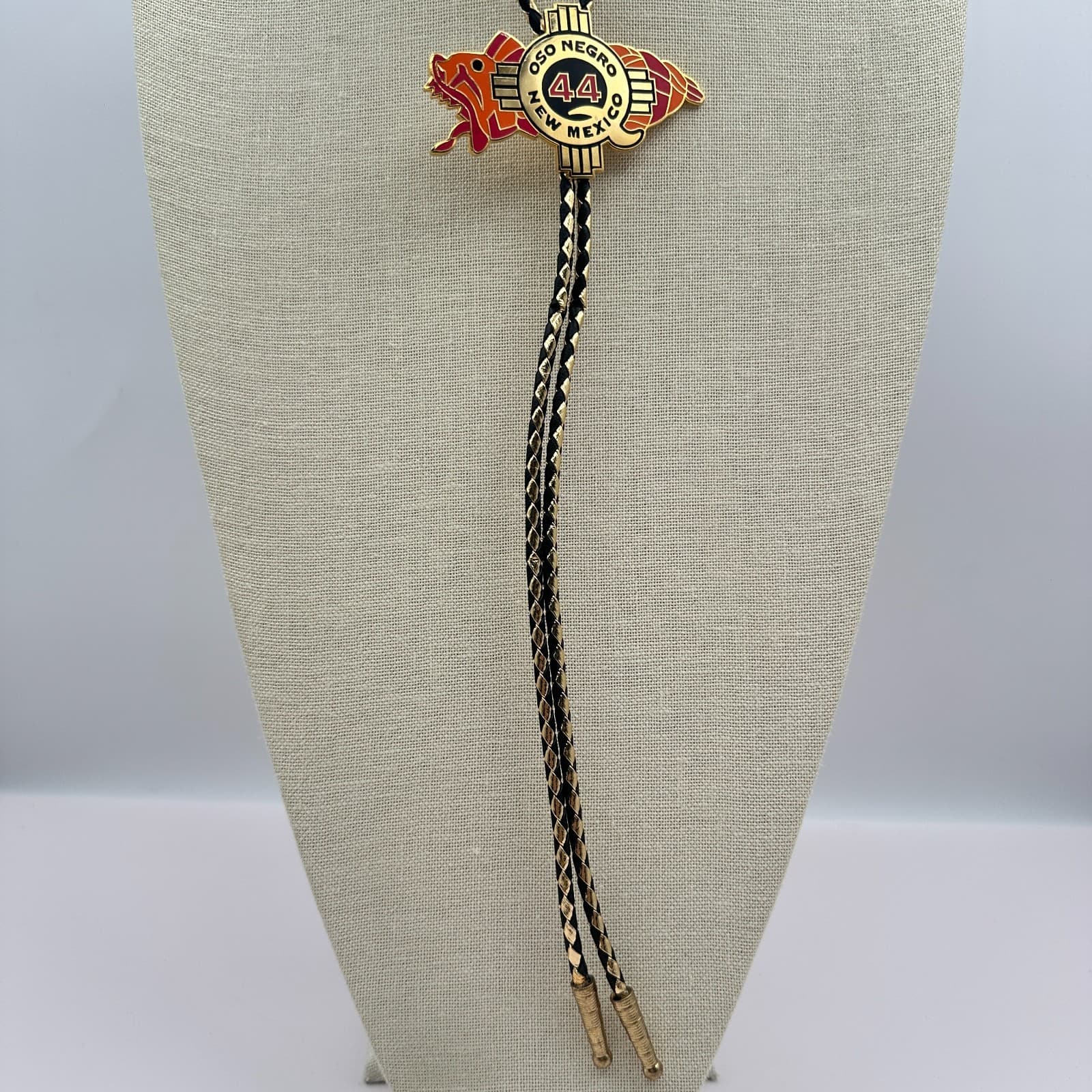 Vintage Y2K Oso Negro New Mexico 44 Zia Sun Bolo Tie Gold Tone Black Leather - Thumbnail 5