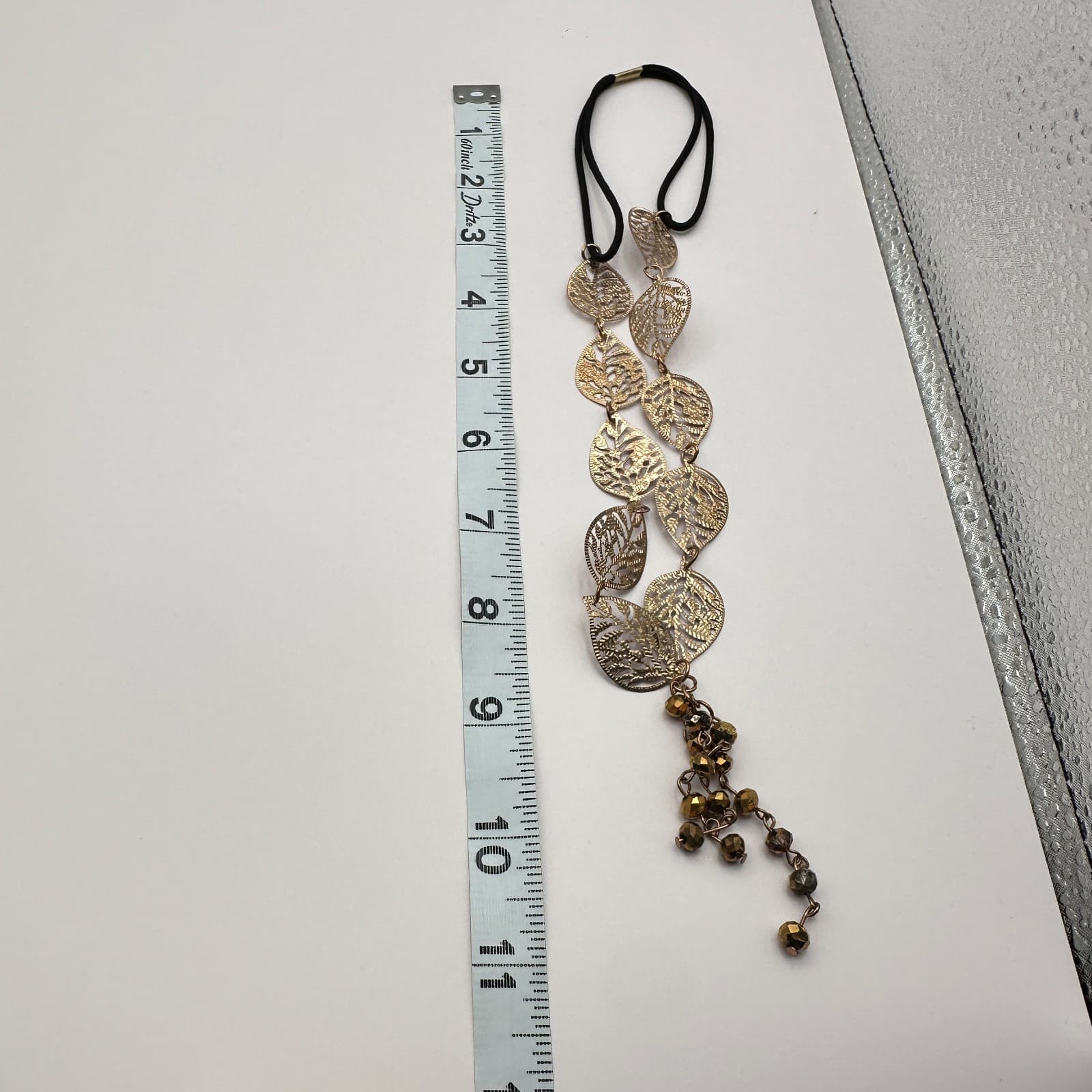 Vintage Y2K Gold Tone Filigree Leaf Necklace Boho Beaded Fringe Women's Jewelry - Thumbnail 8
