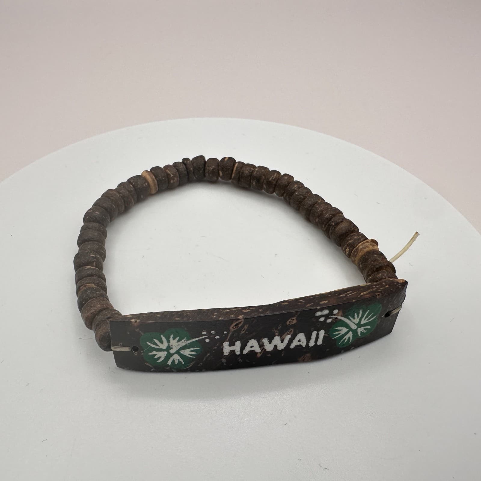 Vintage 90s Hawaii Coconut Shell Hand Painted Hibiscus Floral Beaded Bracelet - Thumbnail 2