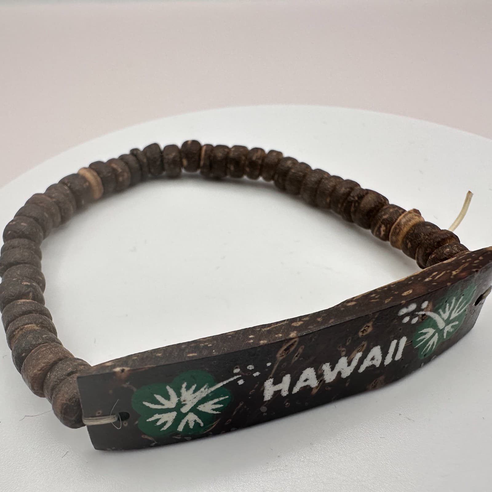 Vintage 90s Hawaii Coconut Shell Hand Painted Hibiscus Floral Beaded Bracelet - Thumbnail 5