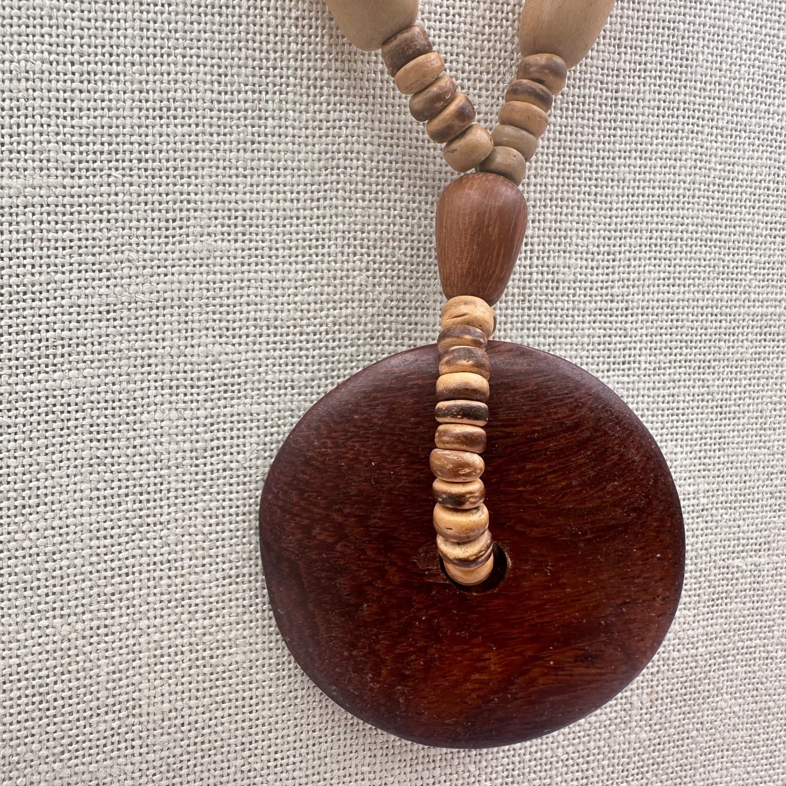 Vintage 90s Wooden Beaded Round Pendant Necklace Boho Statement Women's Jewelry - Thumbnail 4