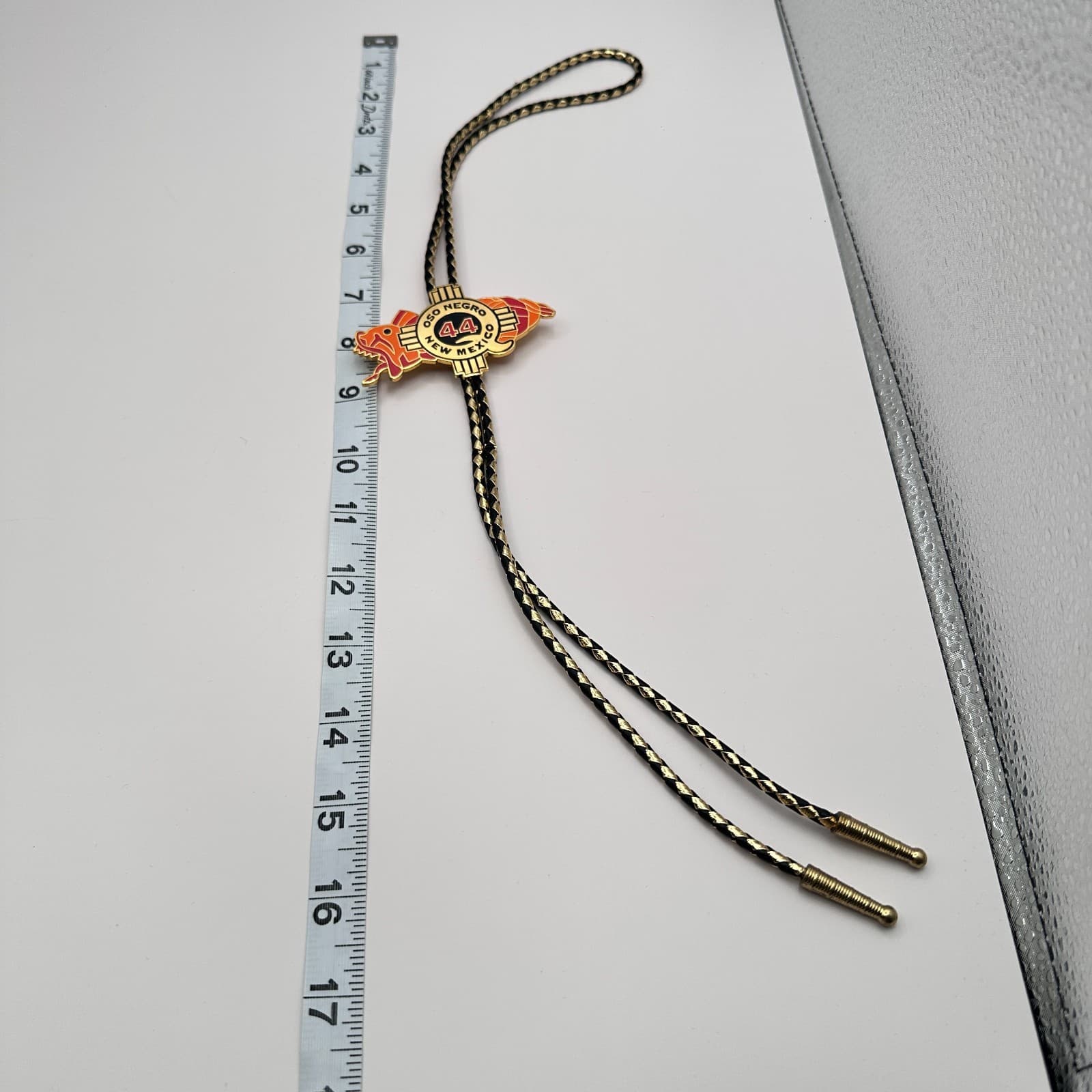 Vintage Y2K Oso Negro New Mexico 44 Zia Sun Bolo Tie Gold Tone Black Leather - Thumbnail 9