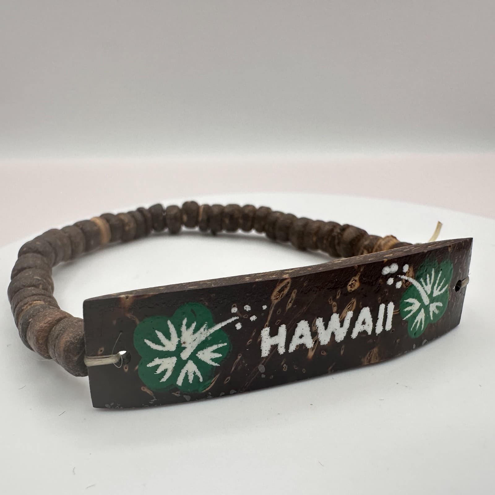 Vintage 90s Hawaii Coconut Shell Hand Painted Hibiscus Floral Beaded Bracelet - Thumbnail 4