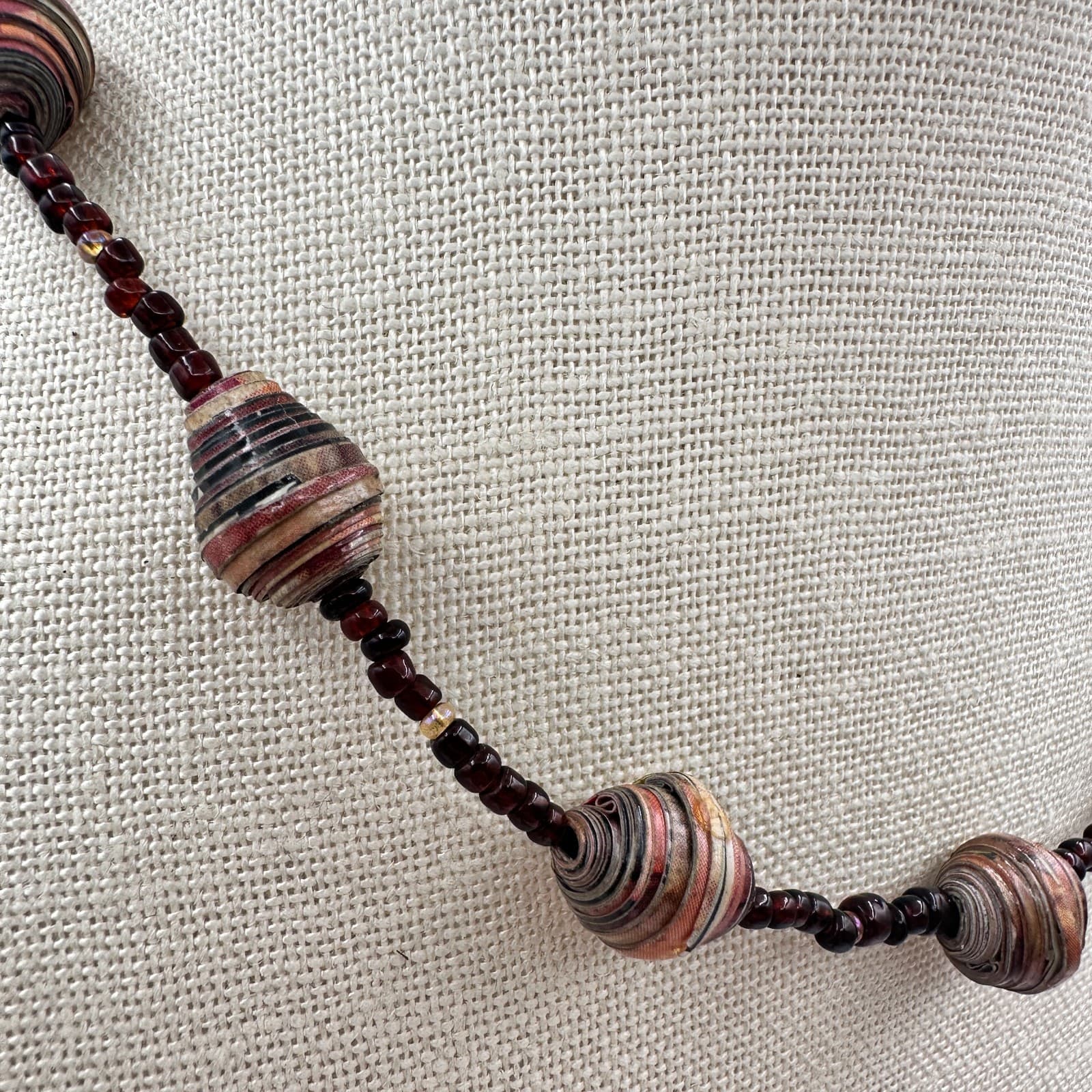 Vintage 90s Boho Recycled Rolled Paper Seed Beaded Necklace Statement Jewelry - Thumbnail 3