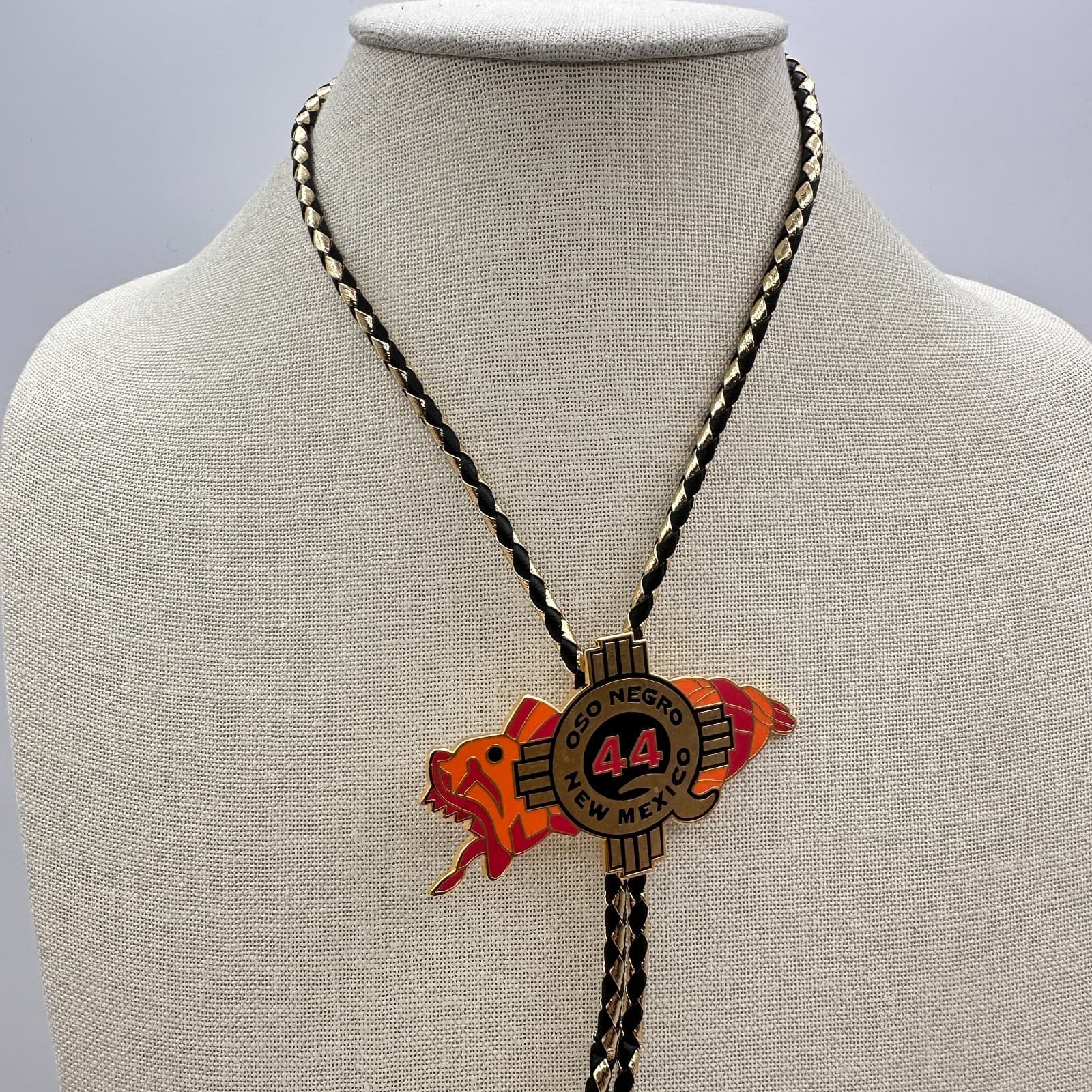 Vintage Y2K Oso Negro New Mexico 44 Zia Sun Bolo Tie Gold Tone Black Leather - Thumbnail 4