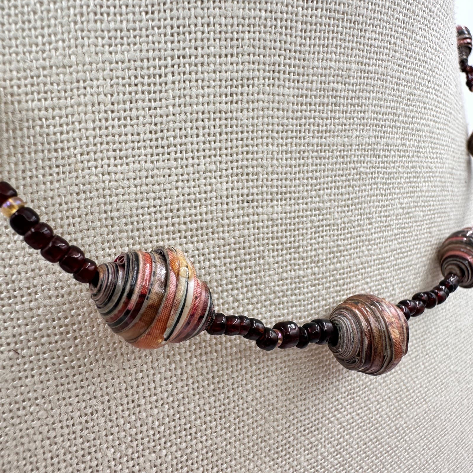 Vintage 90s Boho Recycled Rolled Paper Seed Beaded Necklace Statement Jewelry - Thumbnail 4