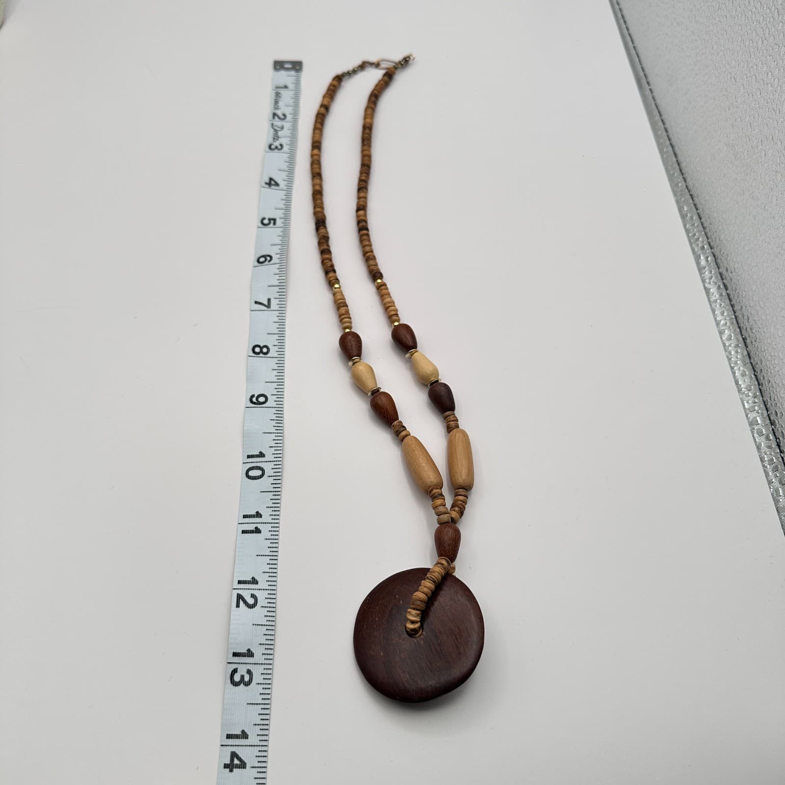 Vintage 90s Wooden Beaded Round Pendant Necklace Boho Statement Women's Jewelry - Thumbnail 10