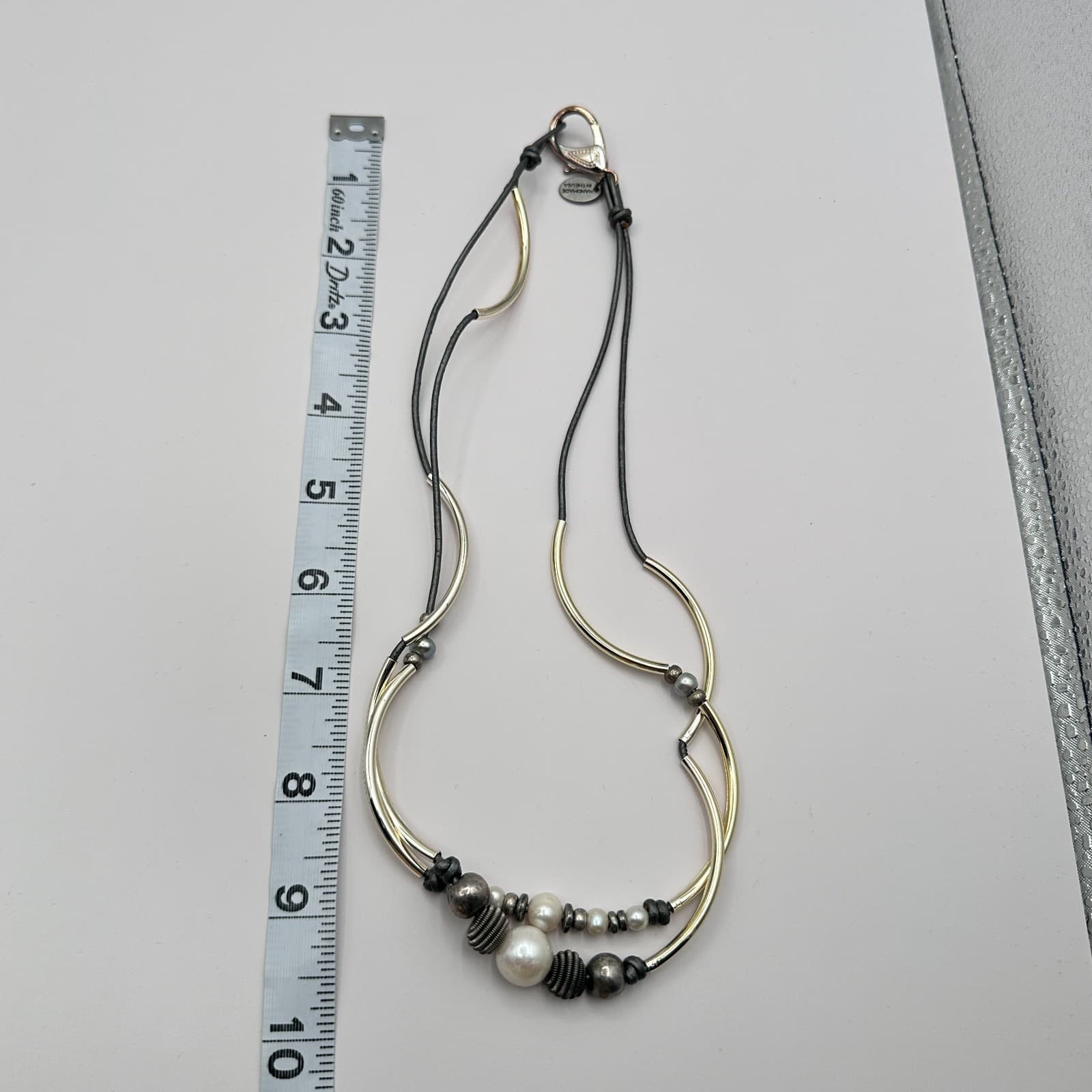 Vintage Y2K Gold Tone Curved Tube Pearl Beaded Necklace Black Cord Boho Jewelry - Thumbnail 9