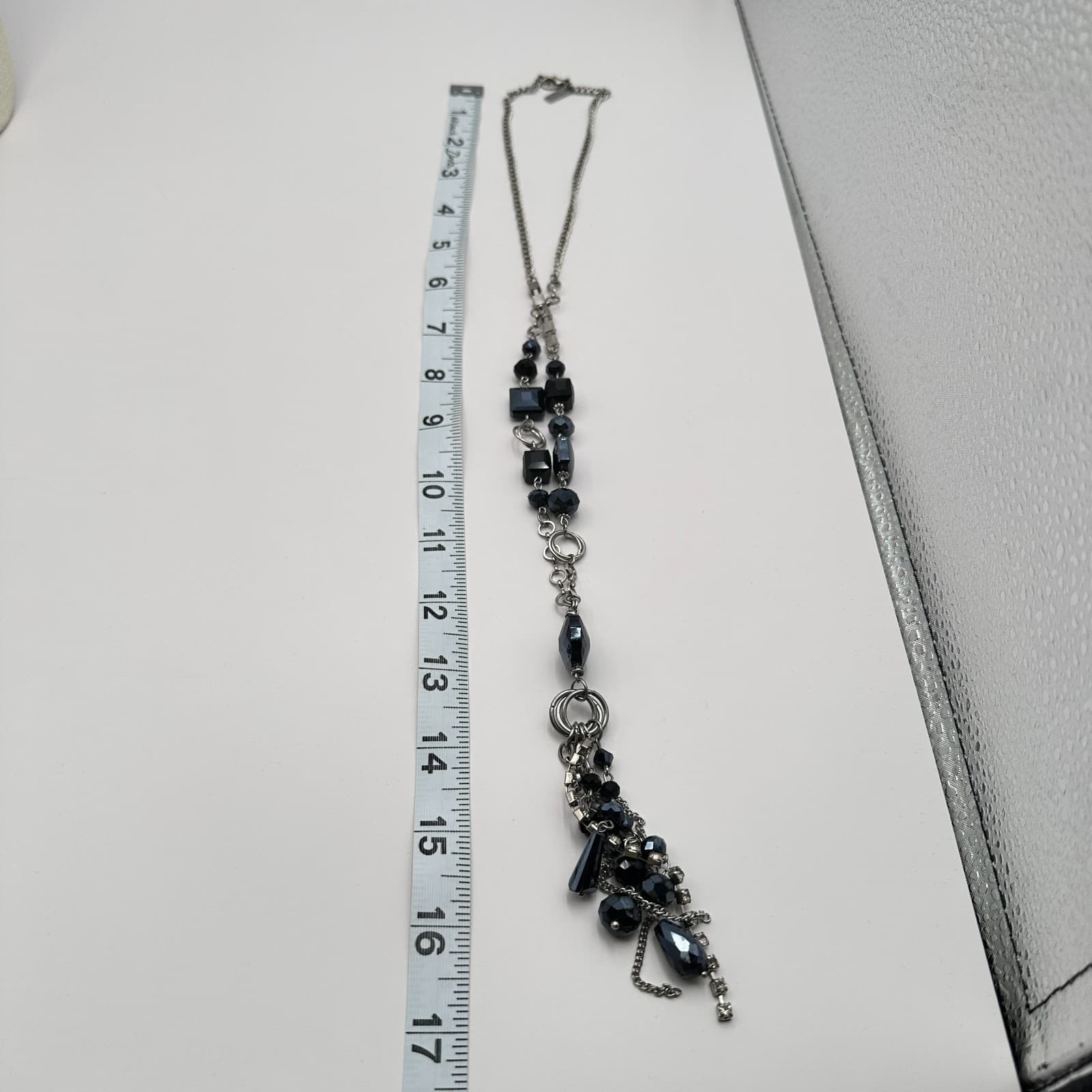 Vintage Y2K Silver Tone Rhinestone Black Beaded Tassel Necklace Boho Jewelry - Thumbnail 10