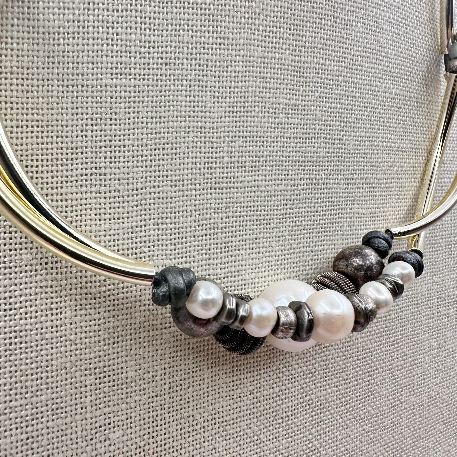 Vintage Y2K Gold Tone Curved Tube Pearl Beaded Necklace Black Cord Boho Jewelry - Thumbnail 3