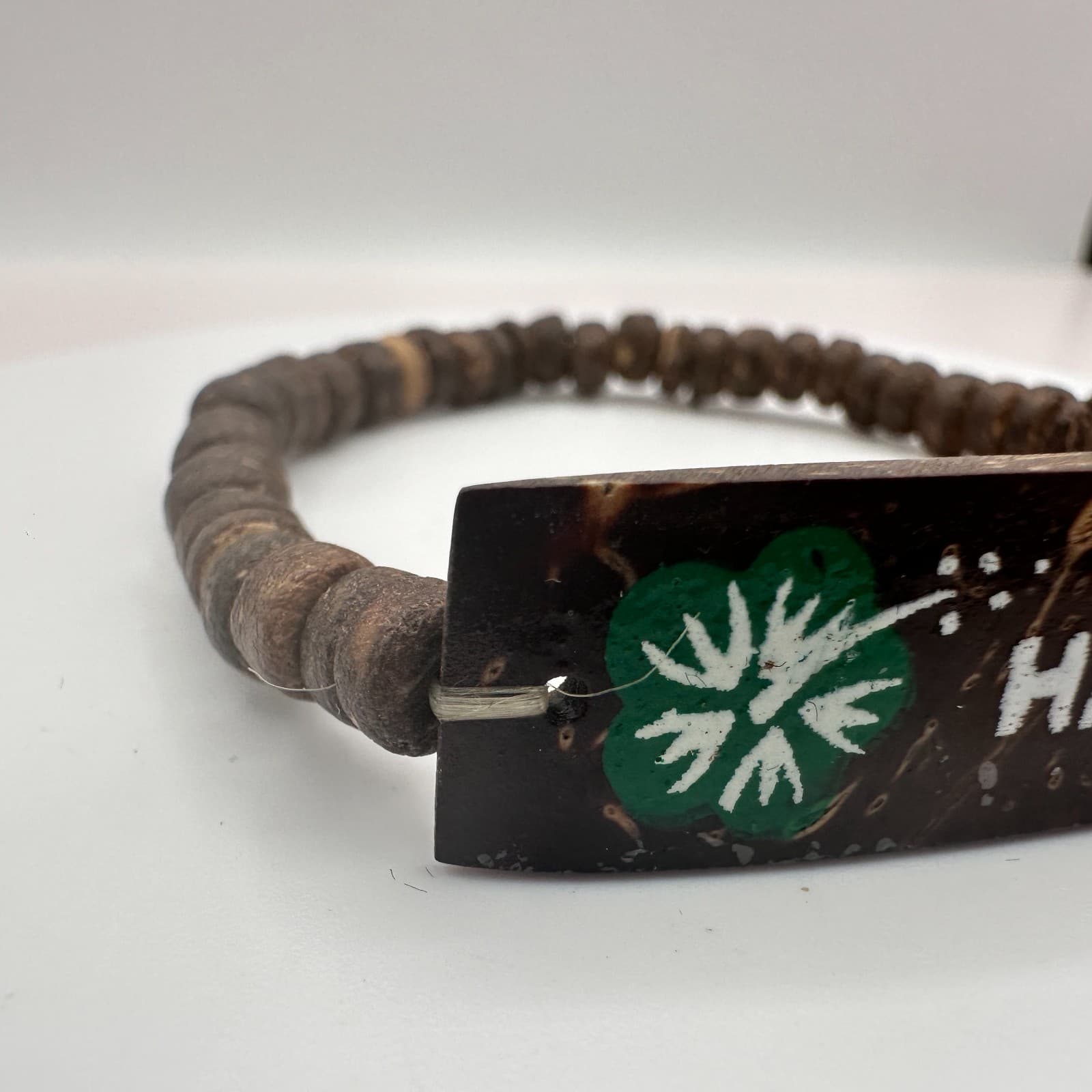 Vintage 90s Hawaii Coconut Shell Hand Painted Hibiscus Floral Beaded Bracelet - Thumbnail 3