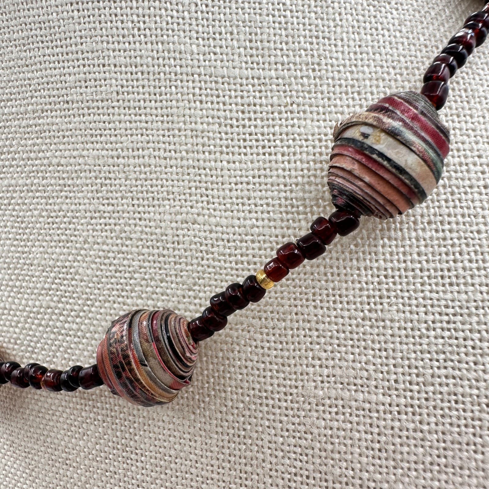 Vintage 90s Boho Recycled Rolled Paper Seed Beaded Necklace Statement Jewelry - Thumbnail 6