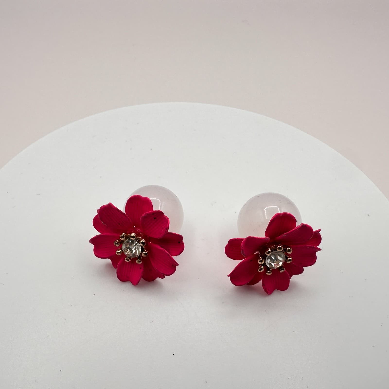 Vintage Y2K Pink Enamel Flower Stud Earrings Clear Rhinestone Statement Jewelry - Thumbnail 2