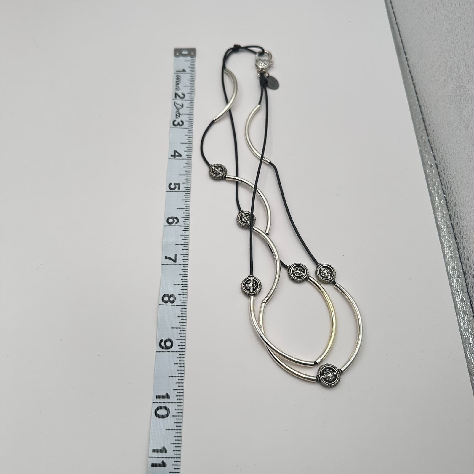 Vintage 90s Silver Tone Curved Tube Black Cord Necklace Boho Statement Jewelry - Thumbnail 8